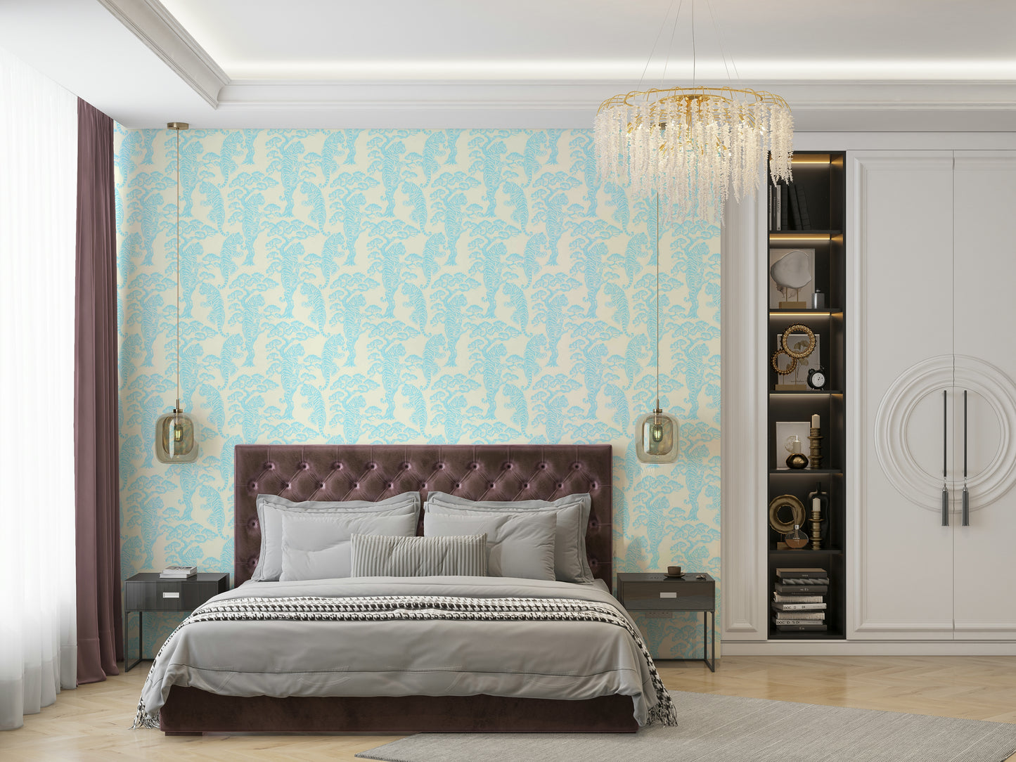 A peaceful tropical jungle mural on decorative wallpaper.

