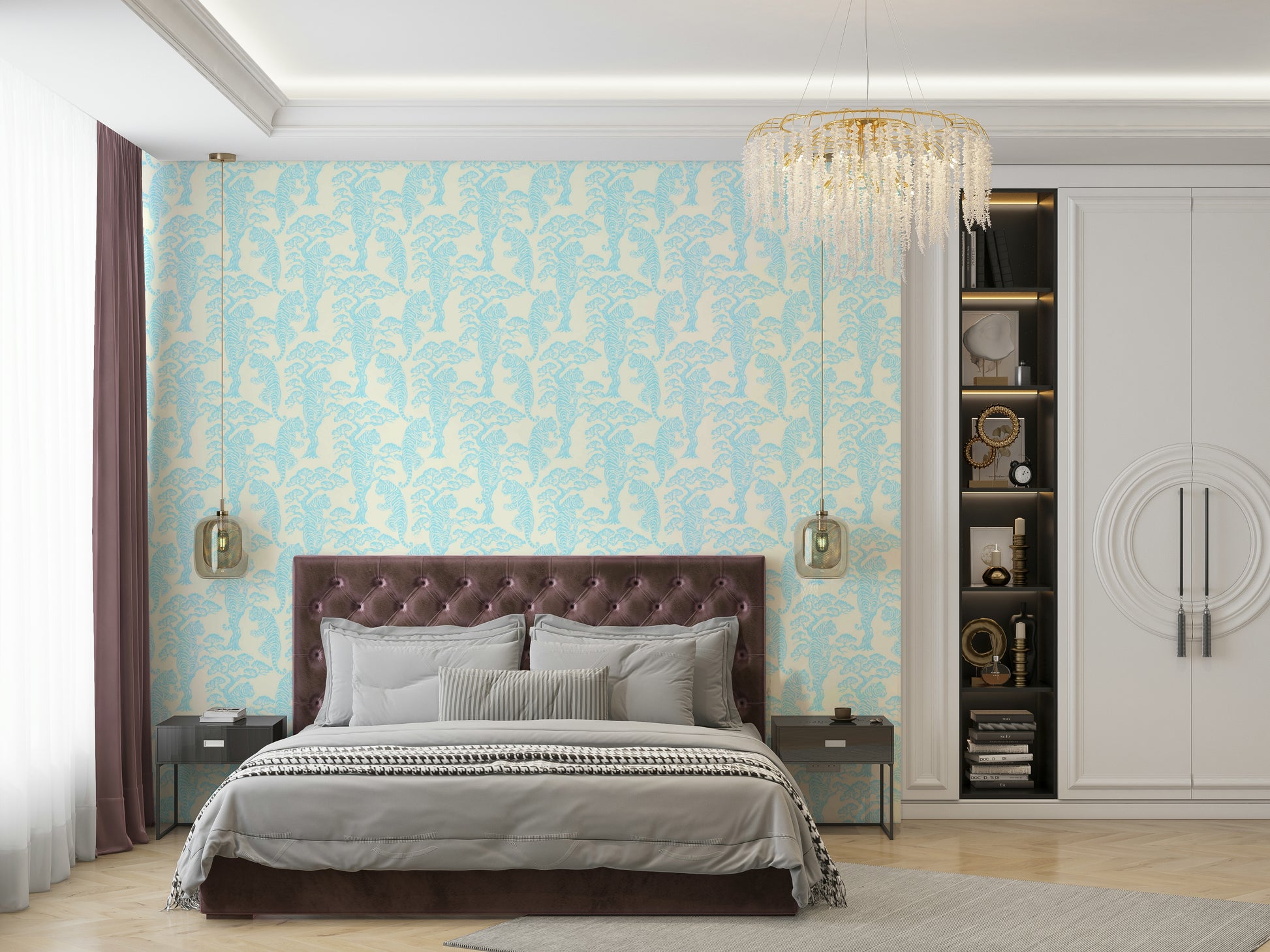 A peaceful tropical jungle mural on decorative wallpaper.

