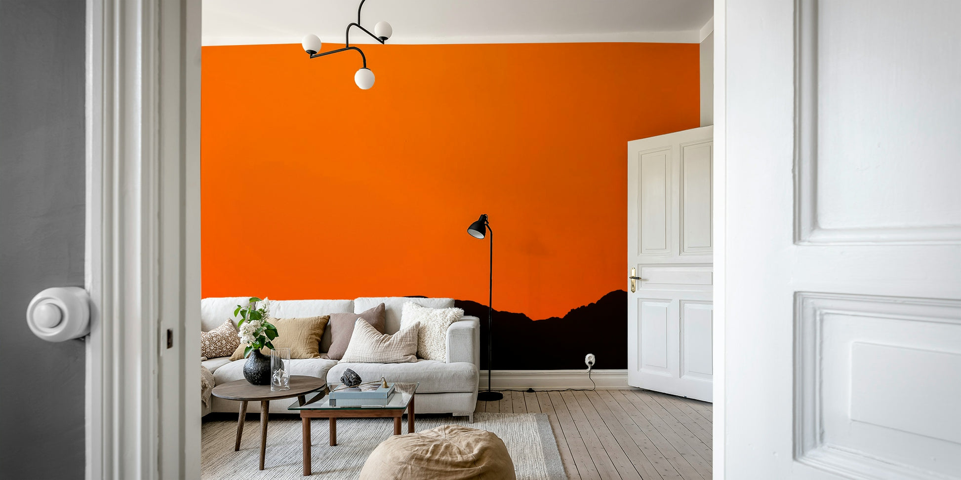 A peaceful desert escape mural on decorative wallpaper.

