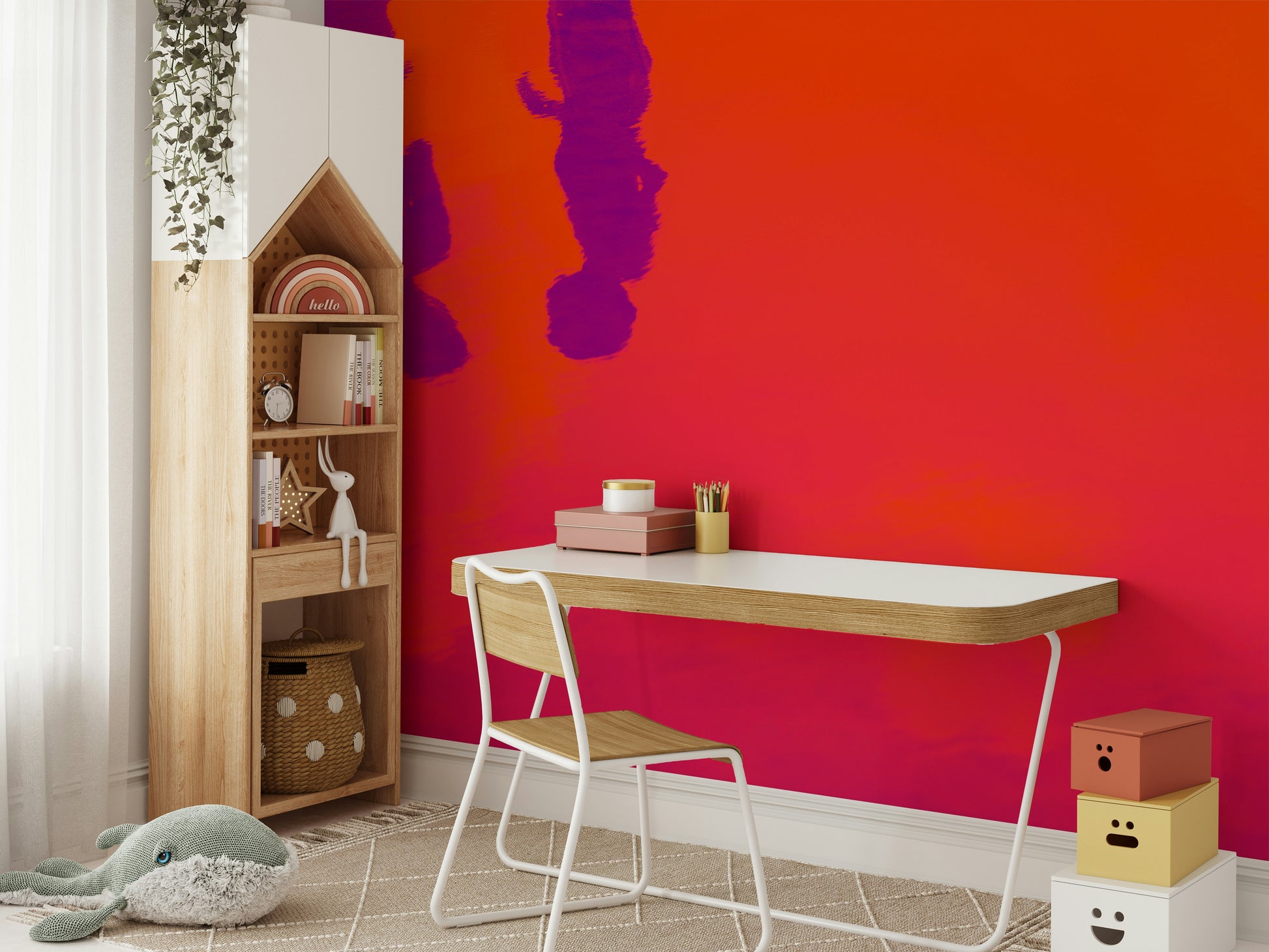 An artistic seaside view mural on minimalist wallpaper.

