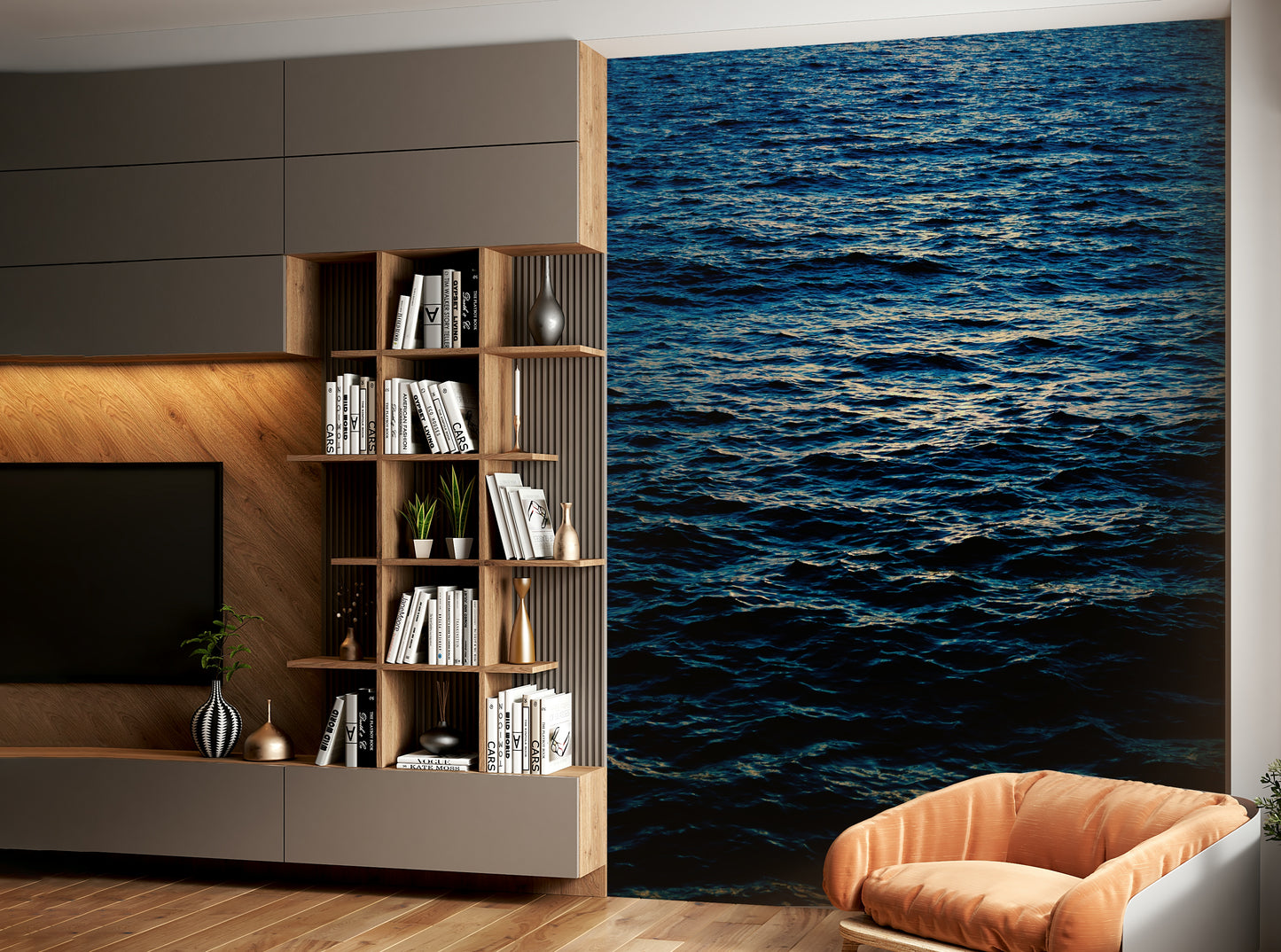 A peaceful mountain range mural on decorative wallpaper.

