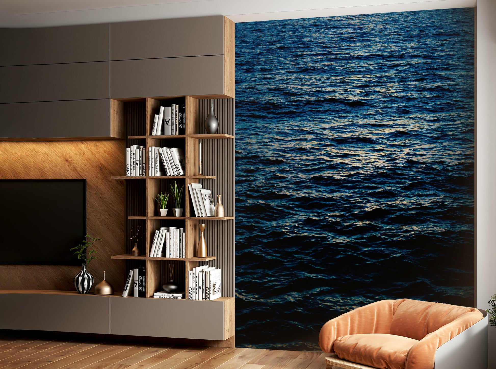 A peaceful mountain range mural on decorative wallpaper.

