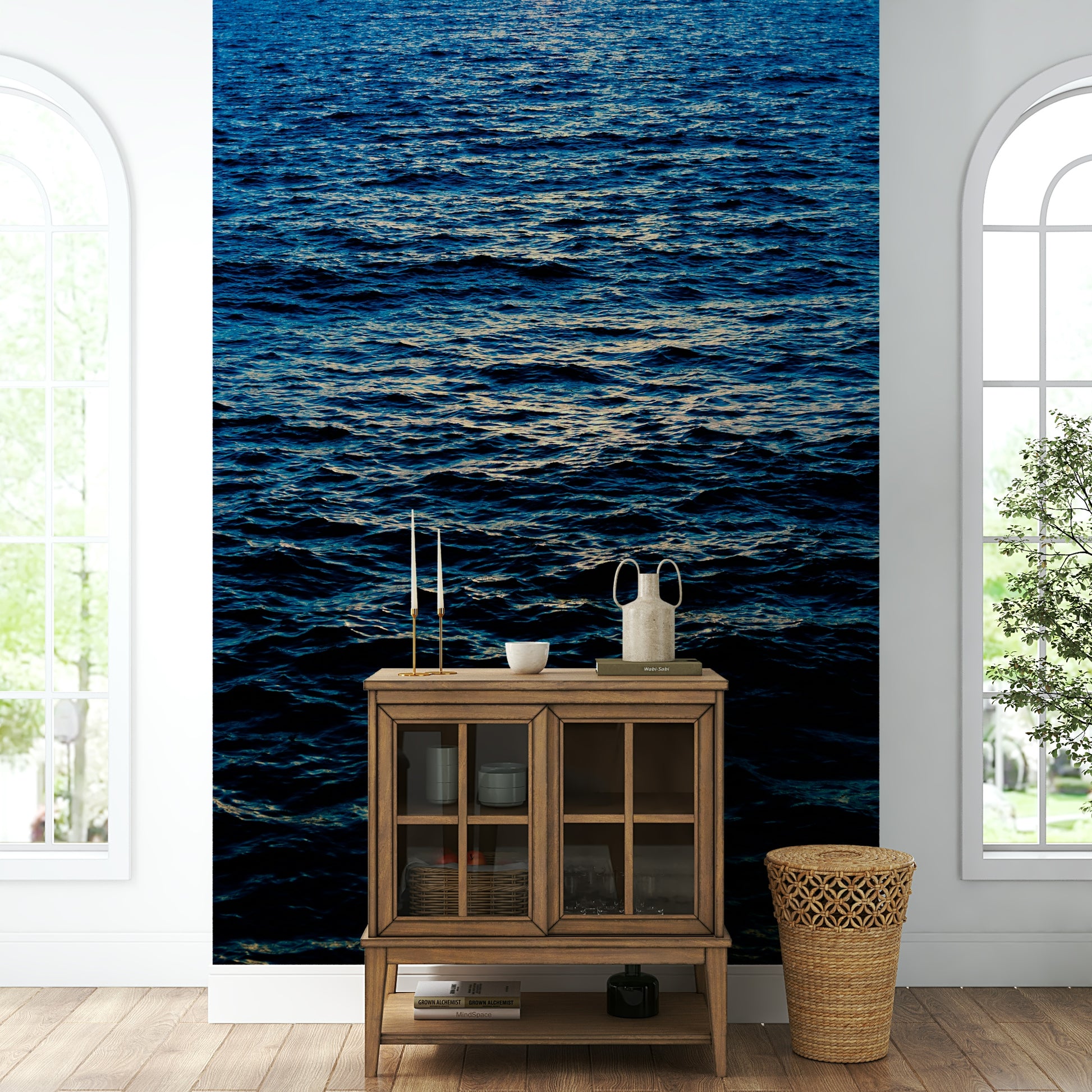 A calming serene mountain wallpaper mural that defines a space.

