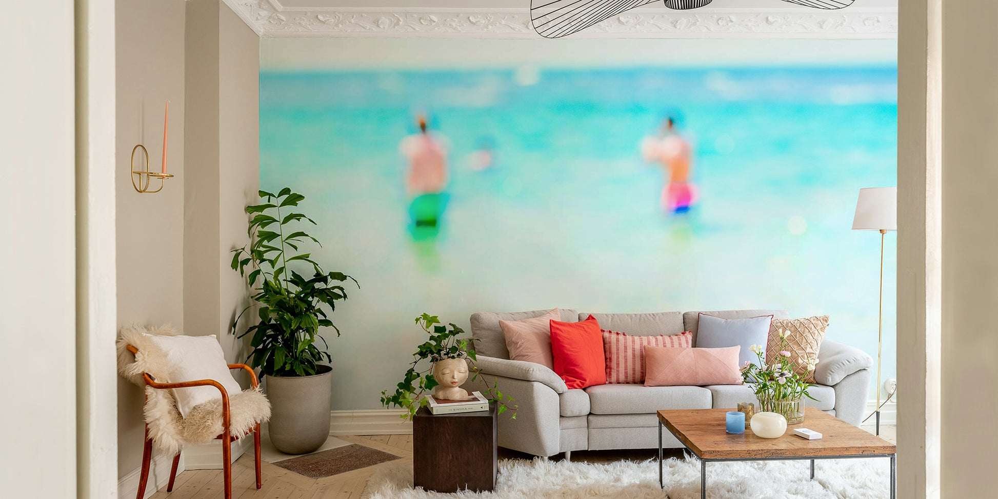 A beautiful wide-angle beach wall mural for a living room.

