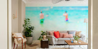 A beautiful wide-angle beach wall mural for a living room.

