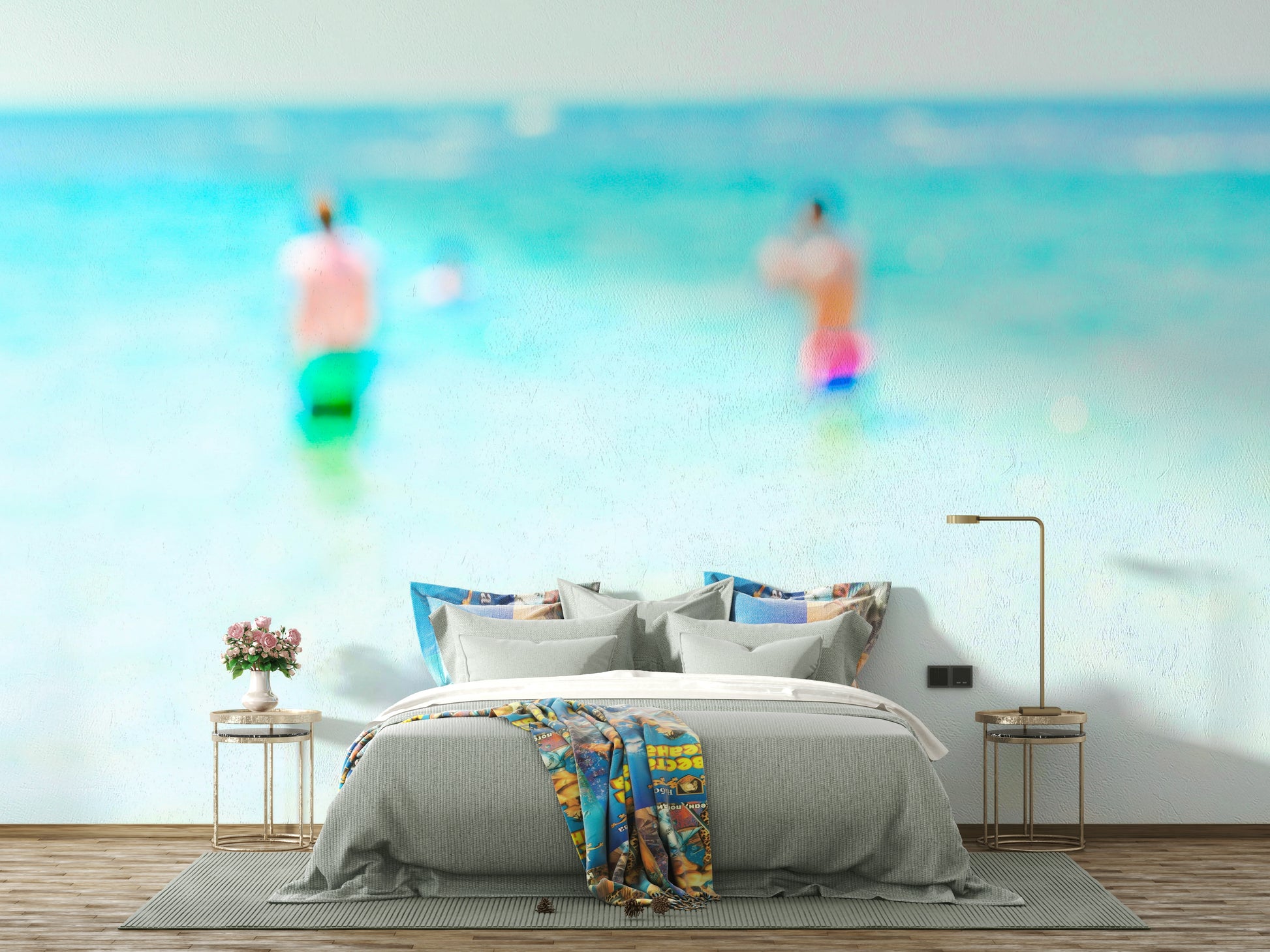 A peaceful waterfront view mural on decorative wallpaper.

