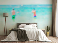 An artistic ocean front mural on minimalist wallpaper.

