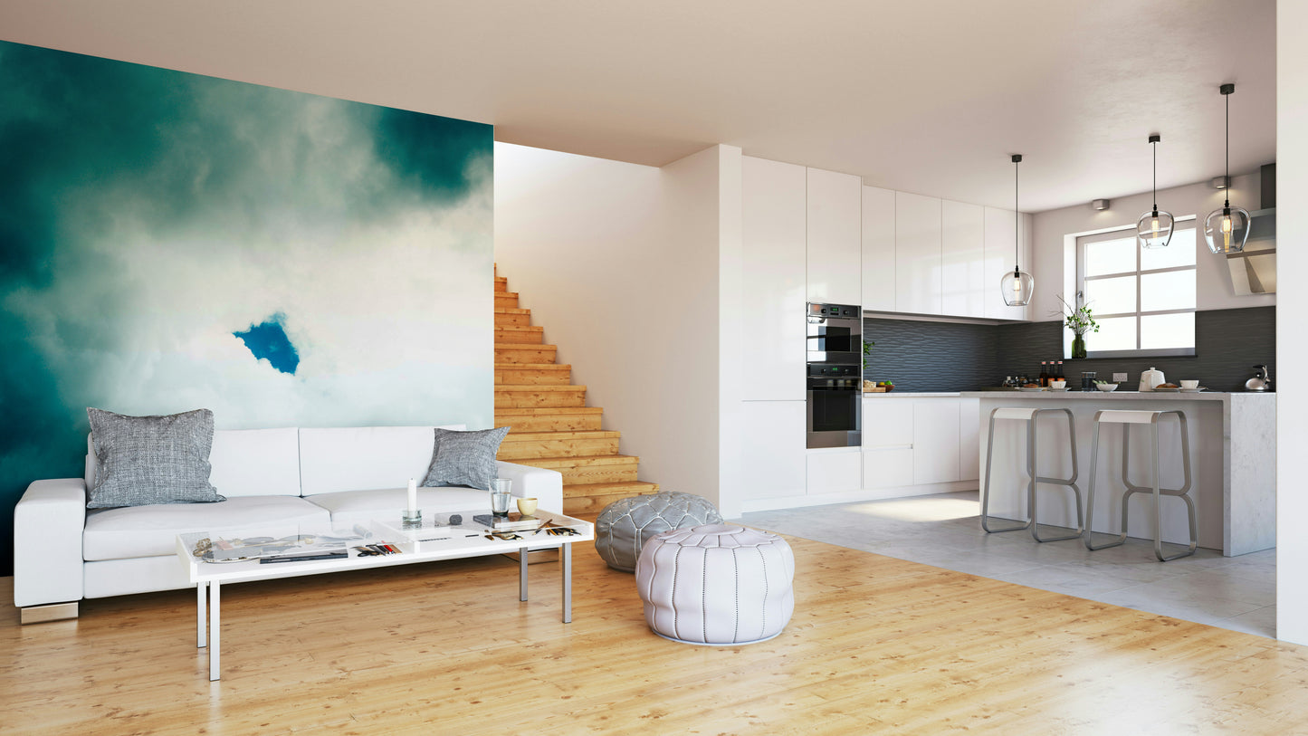 A graceful floor-to-ceiling wall mural in bright, bold tones.

