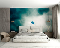 A peaceful large-format mural on decorative wallpaper.

