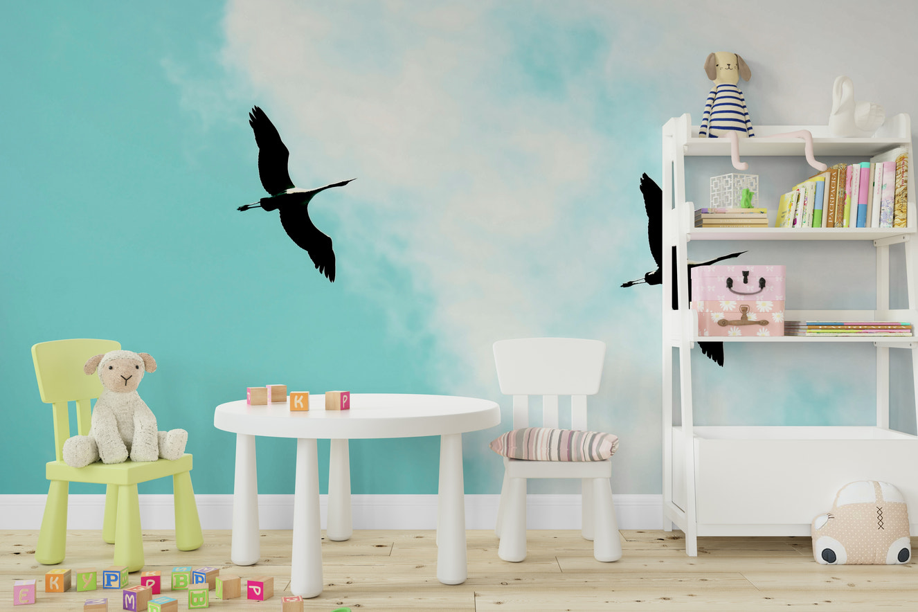 A beautiful serene crane wallpaper mural for a modern home.

