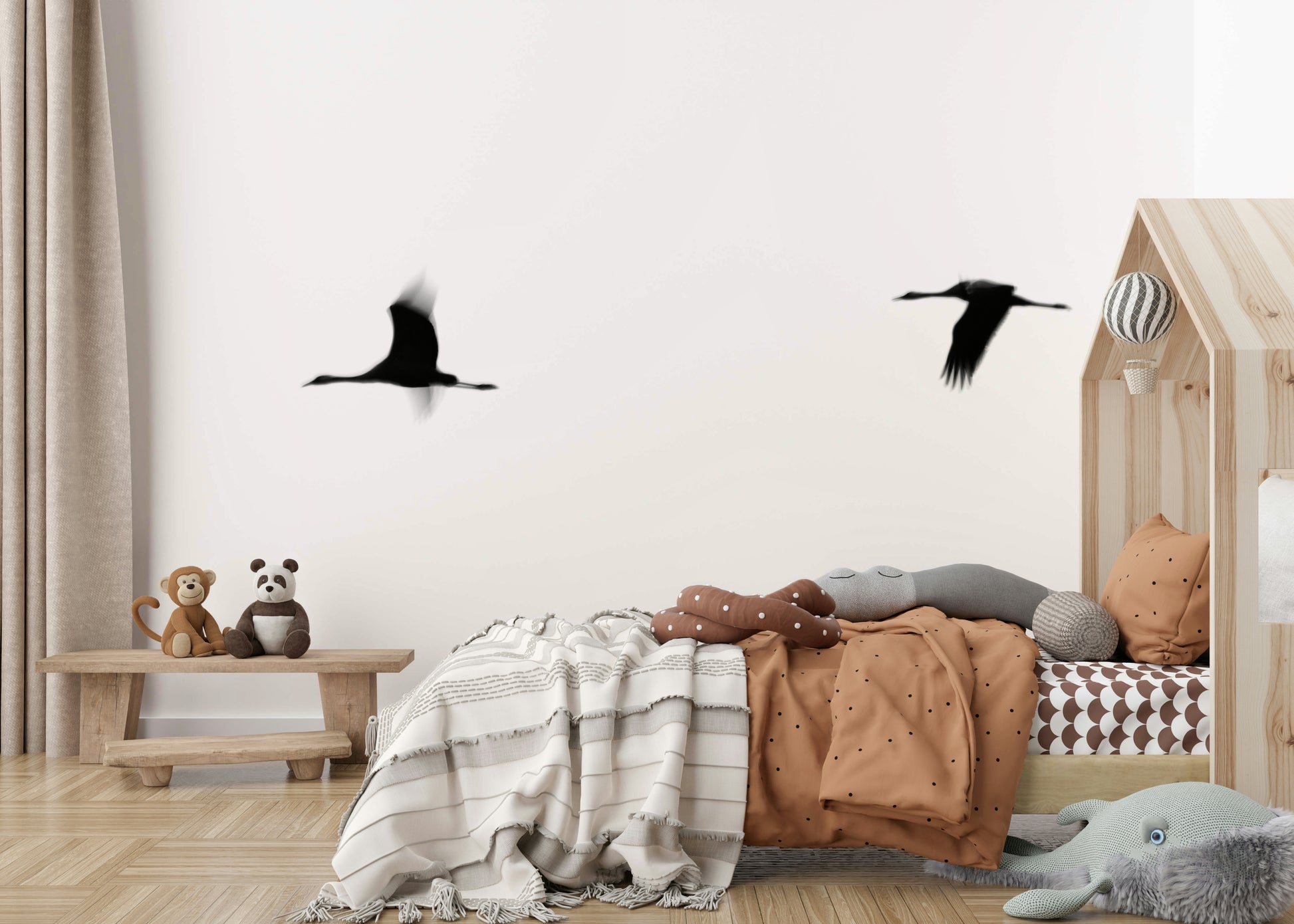 A graceful subtle bird wall mural in cool, natural tones.

