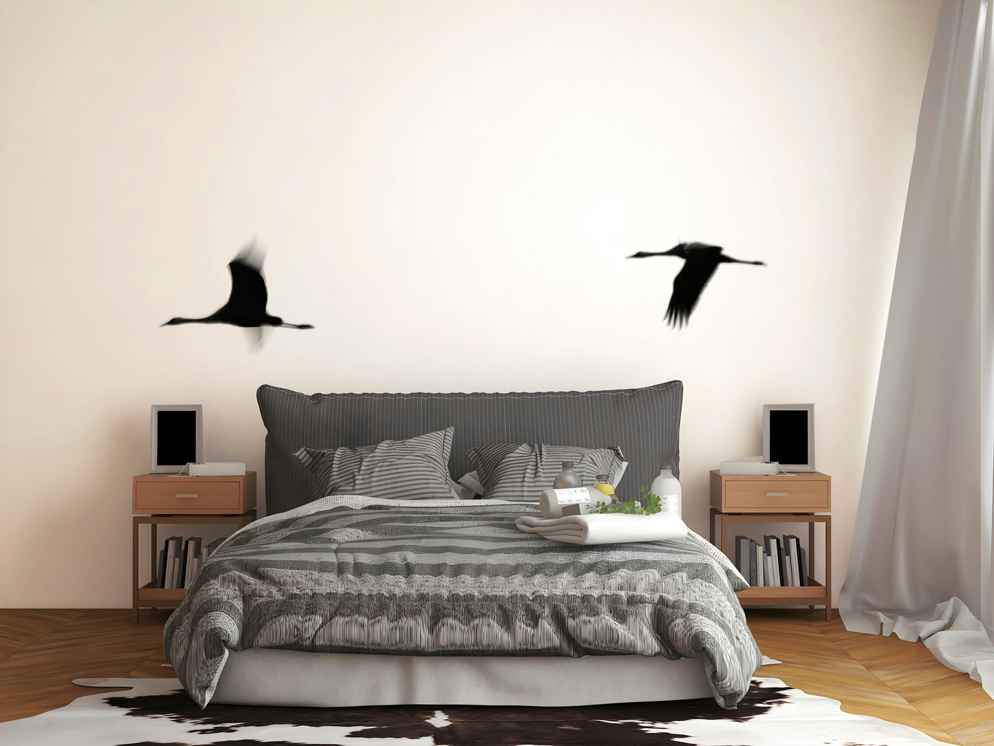 A peaceful Asian-inspired mural on decorative wallpaper.

