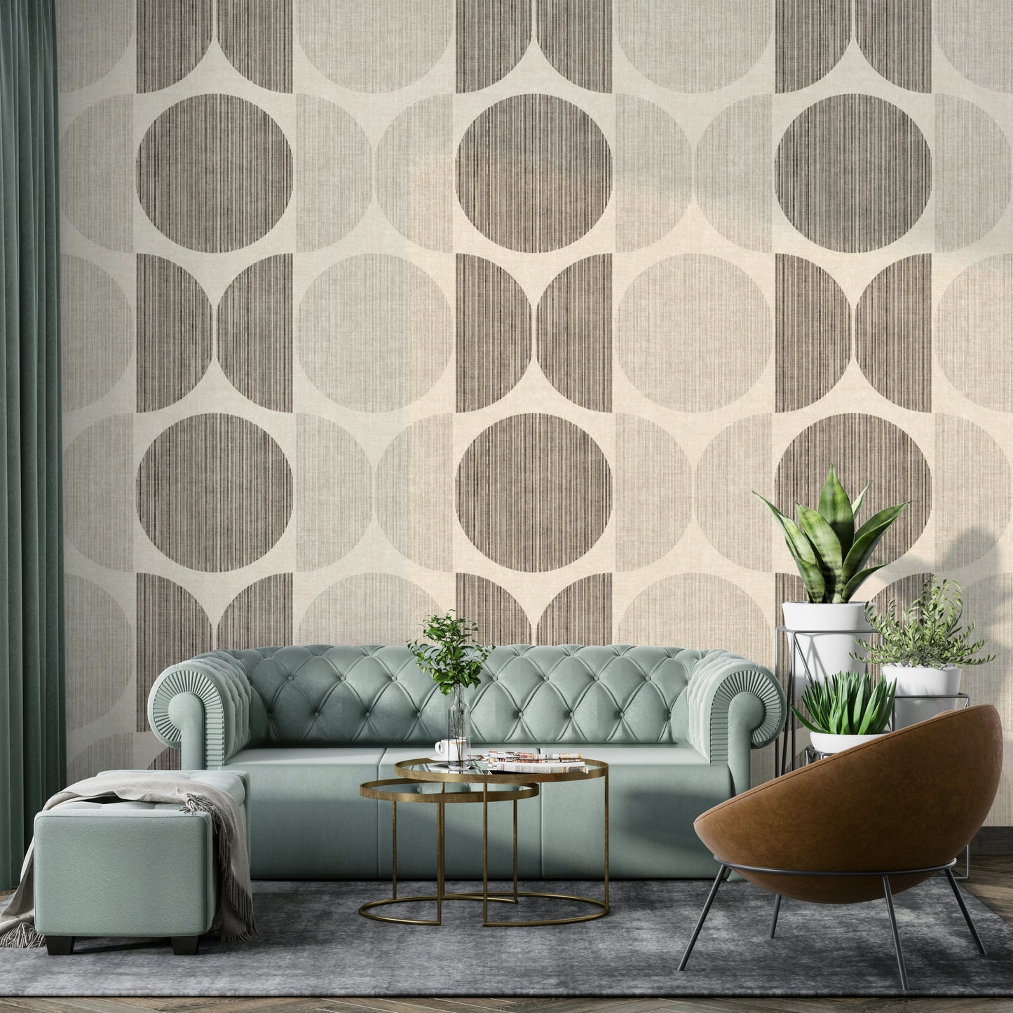 A graceful subtle circle wall mural in cool, neutral tones.

