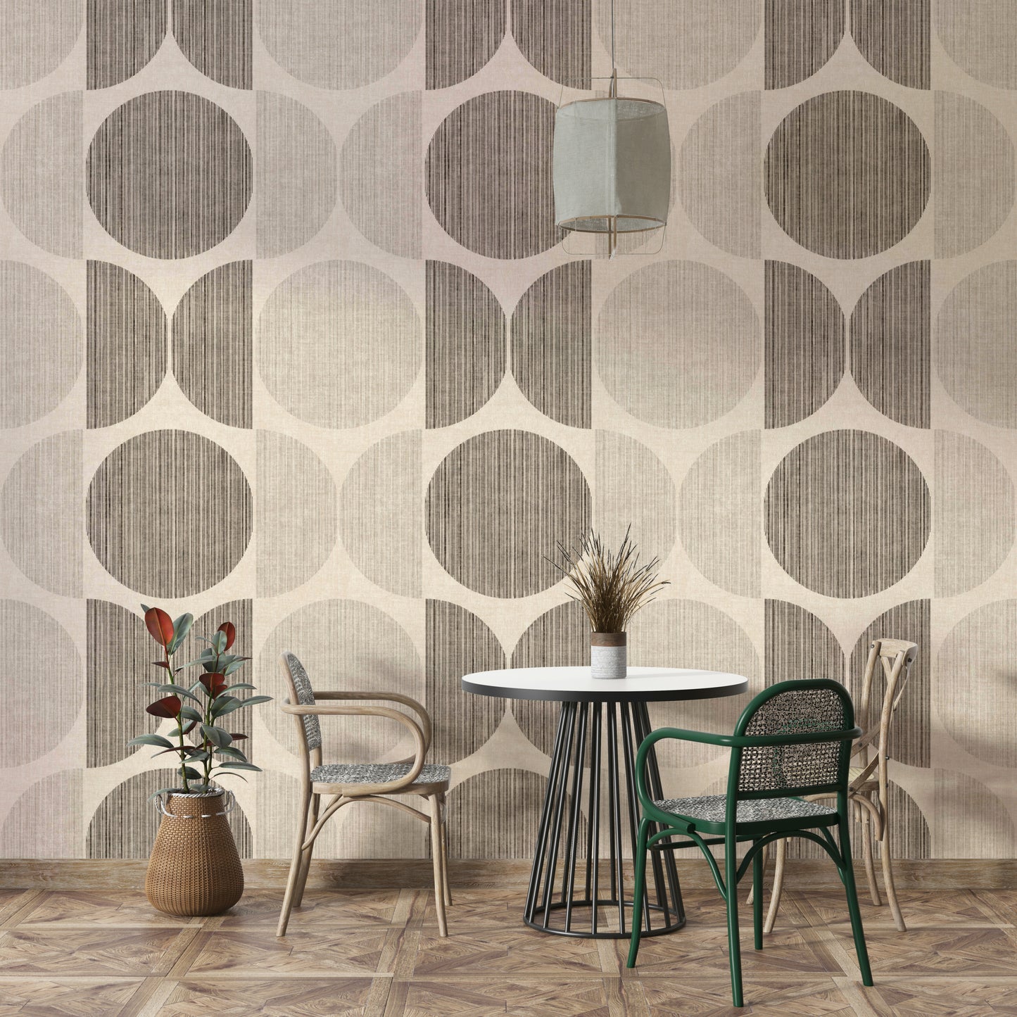 An artistic modern pattern mural on minimalist wallpaper.

