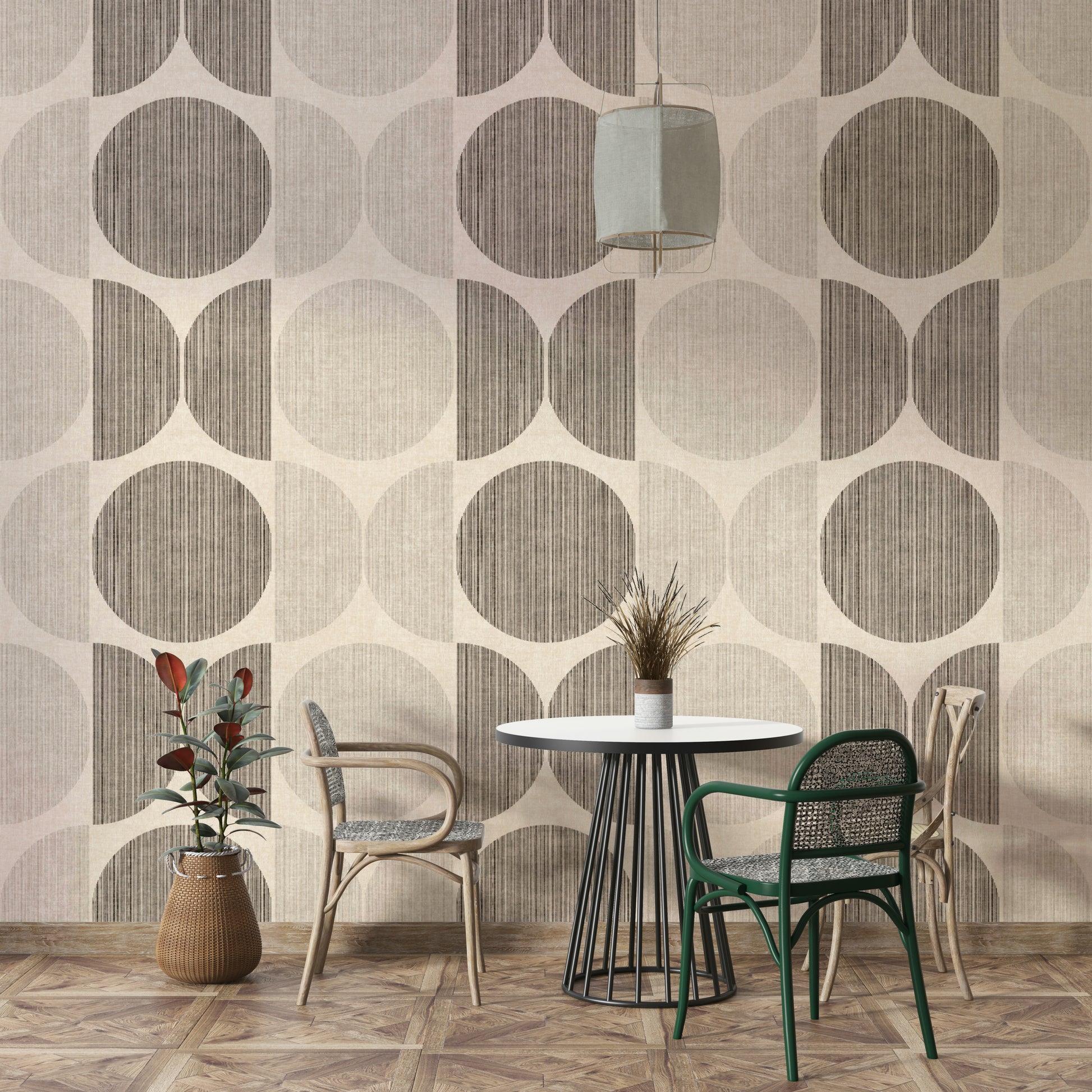 An artistic modern pattern mural on minimalist wallpaper.

