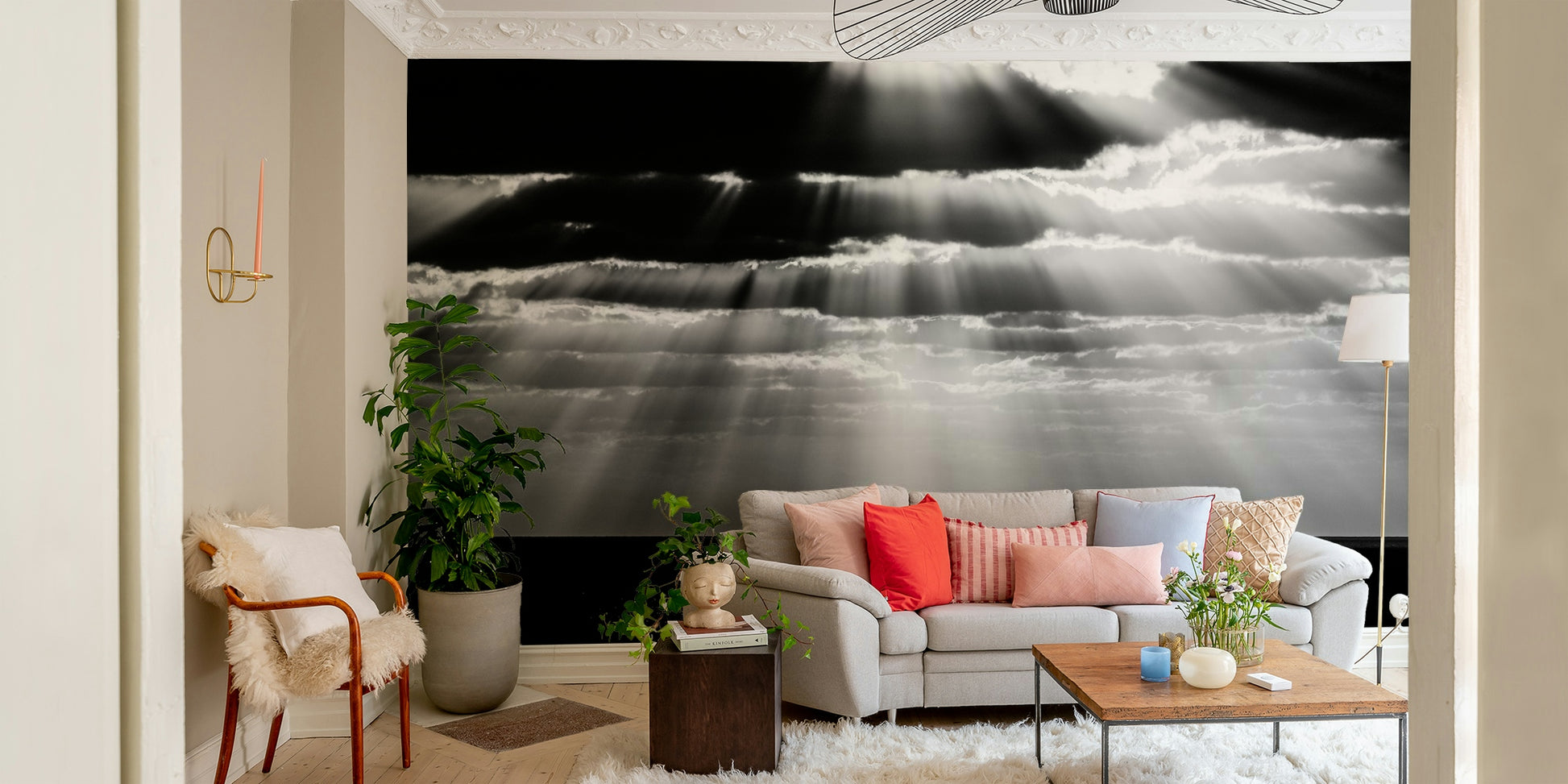 A peaceful geometric spot mural on decorative wallpaper.

