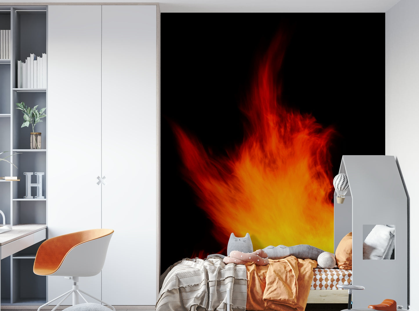 A peaceful gathering scene mural on decorative wallpaper.

