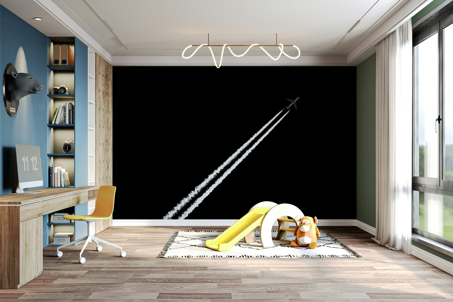 A peaceful black and white mural on decorative wallpaper.

