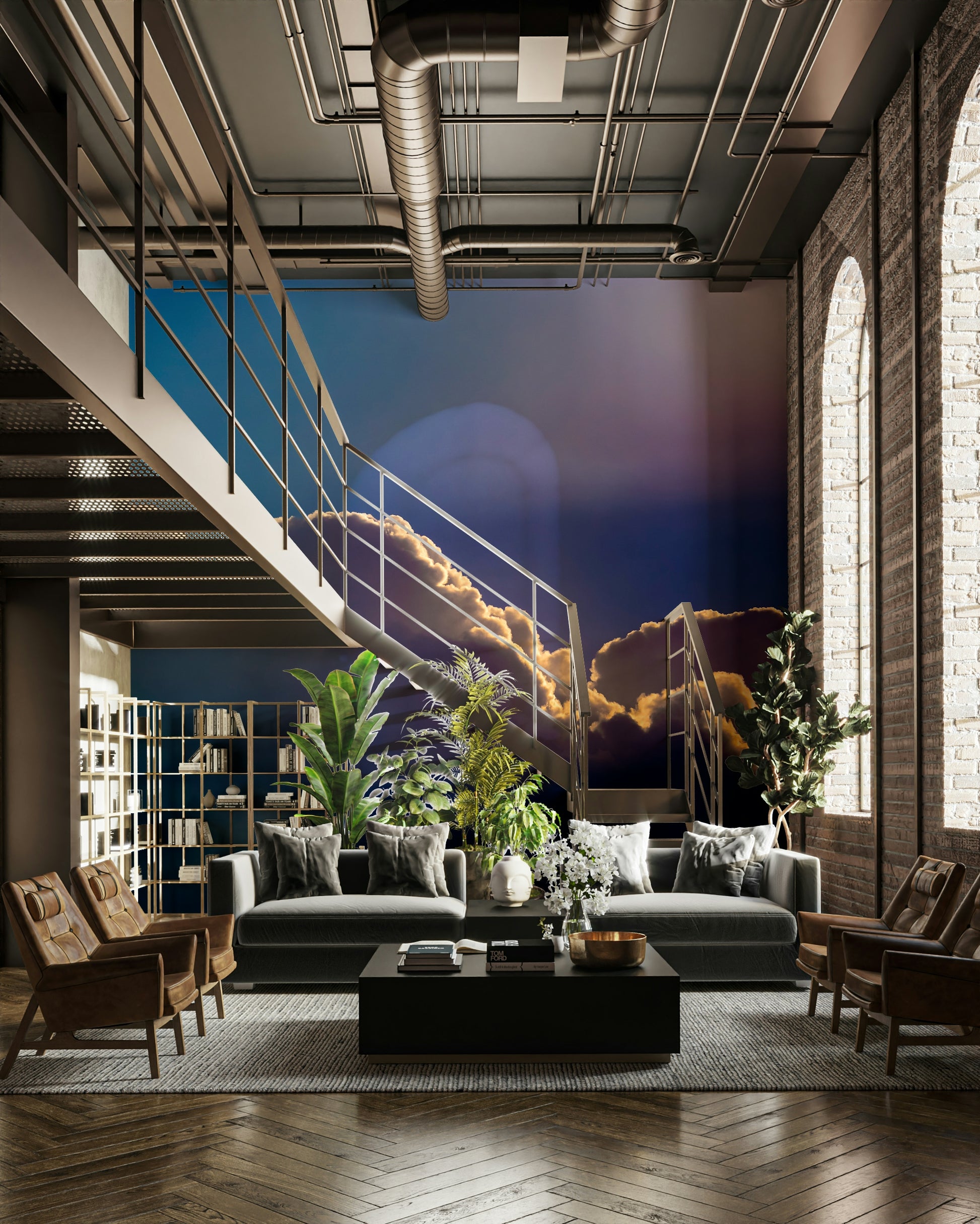 A beautiful abstract dawn wall mural for a living room.

