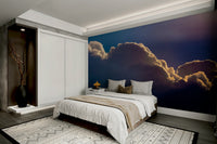 A peaceful morning light mural on decorative wallpaper.

