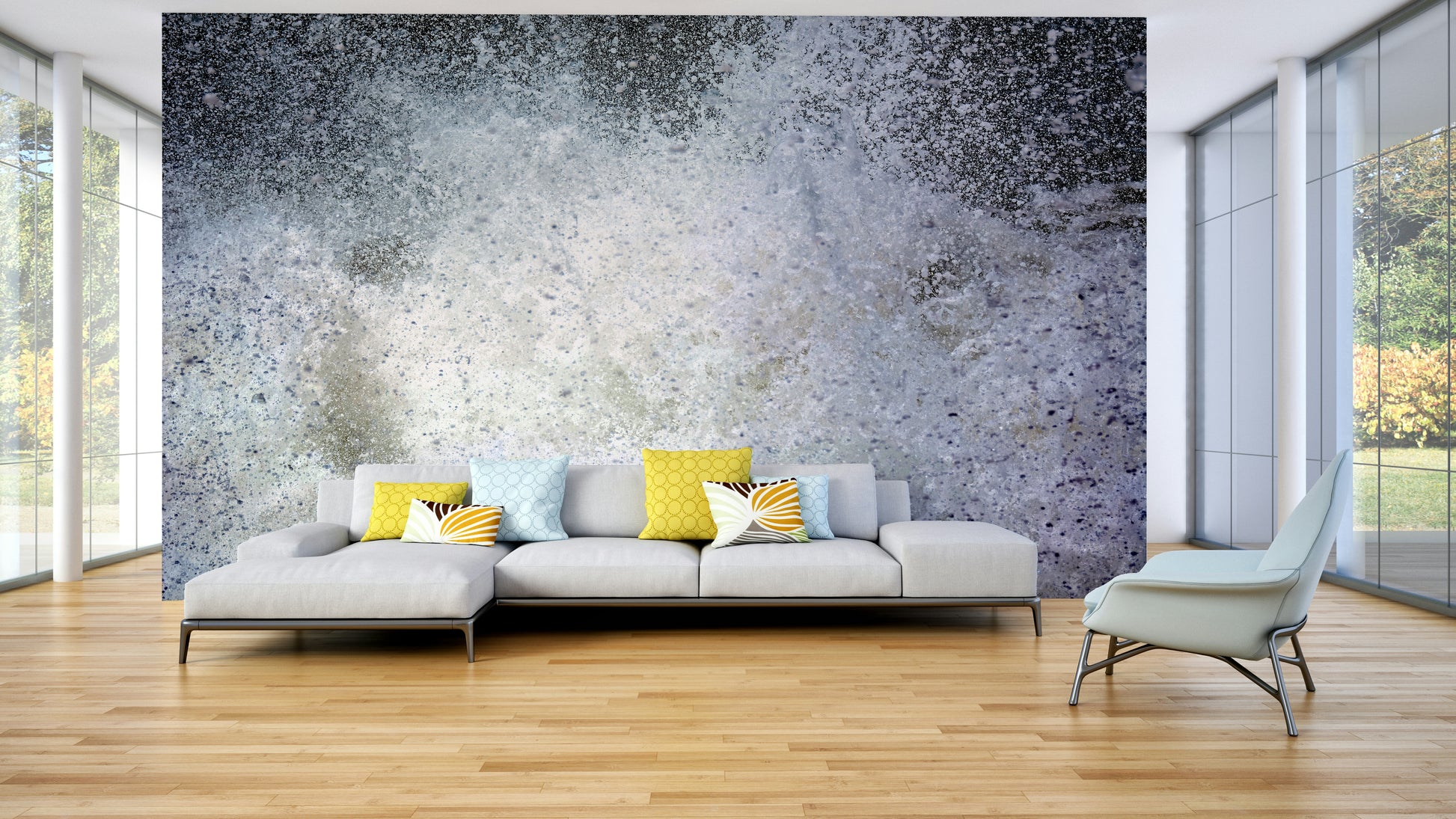An artistic abstract pattern mural on minimalist wallpaper.

