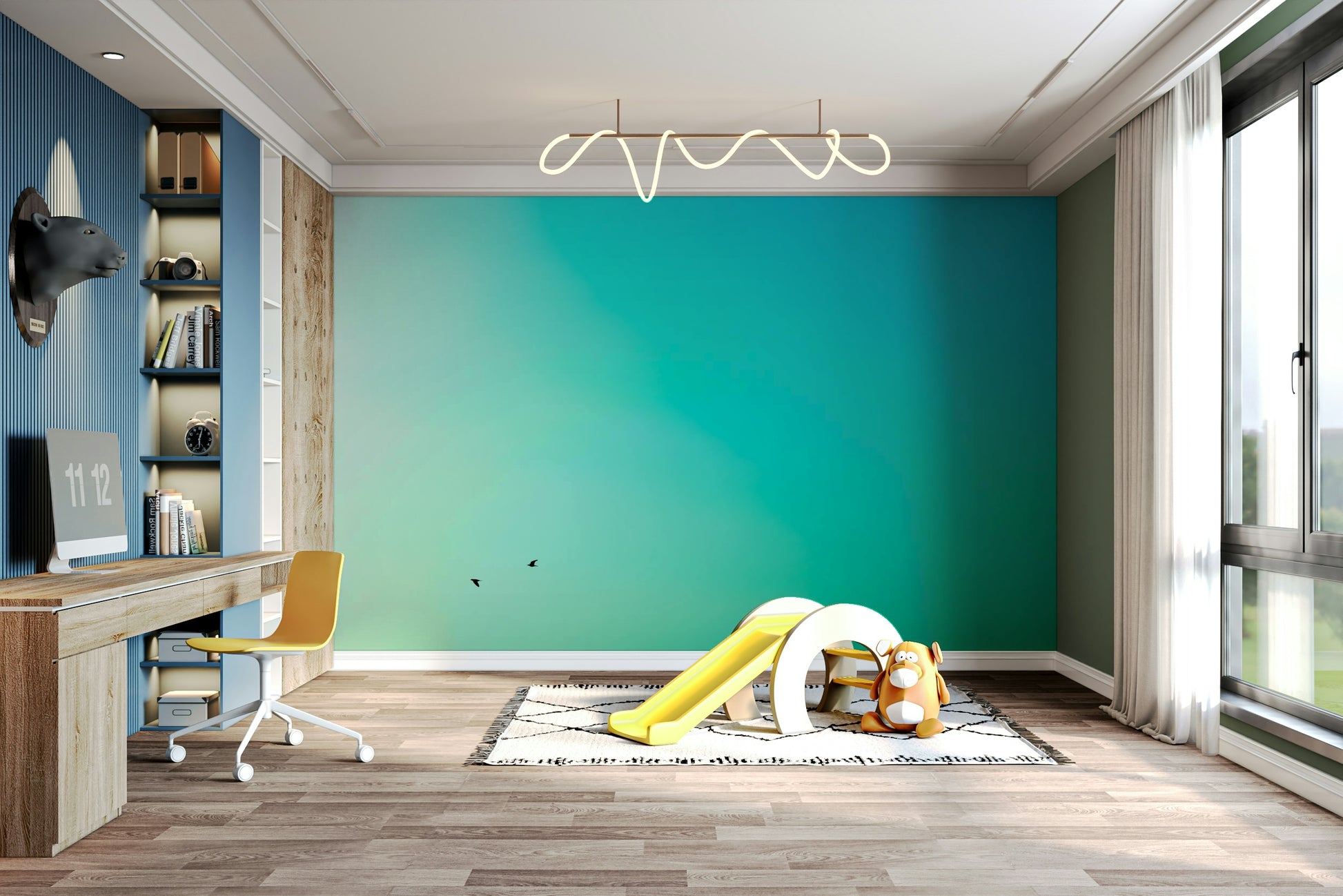 A graceful subtle line wall mural in cool, natural tones.

