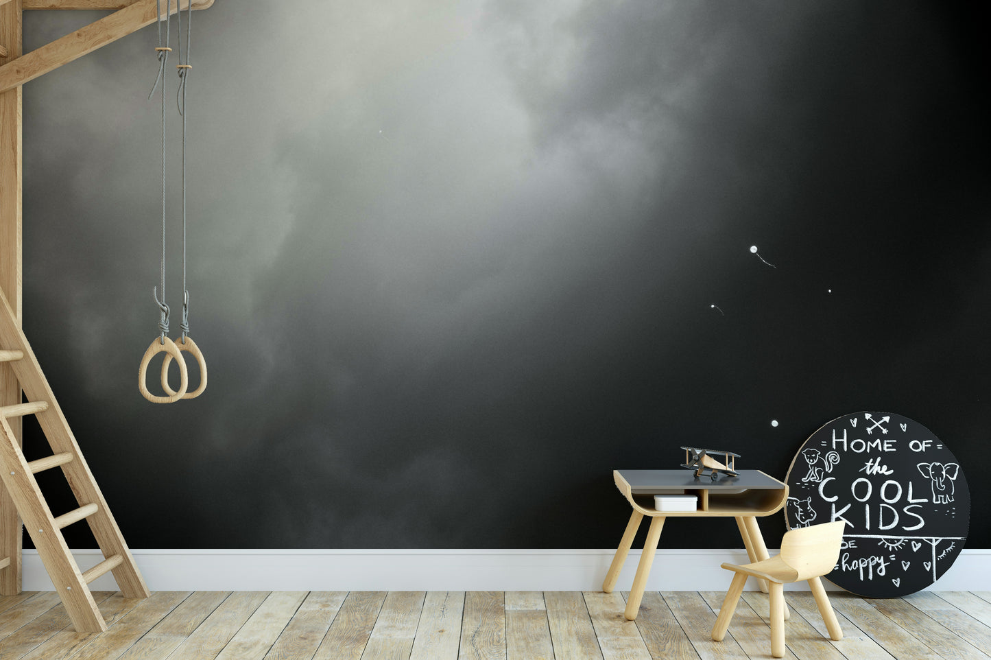 A peaceful sky view mural on decorative wallpaper.


