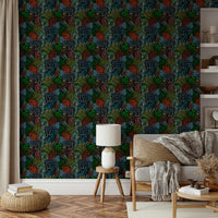 A graceful subtle bloom wall mural in rich, dark tones.

