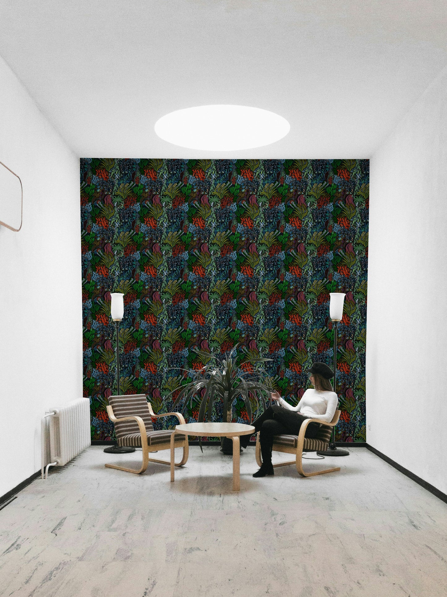 A peaceful nighttime garden mural on decorative wallpaper.

