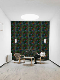 A peaceful nighttime garden mural on decorative wallpaper.

