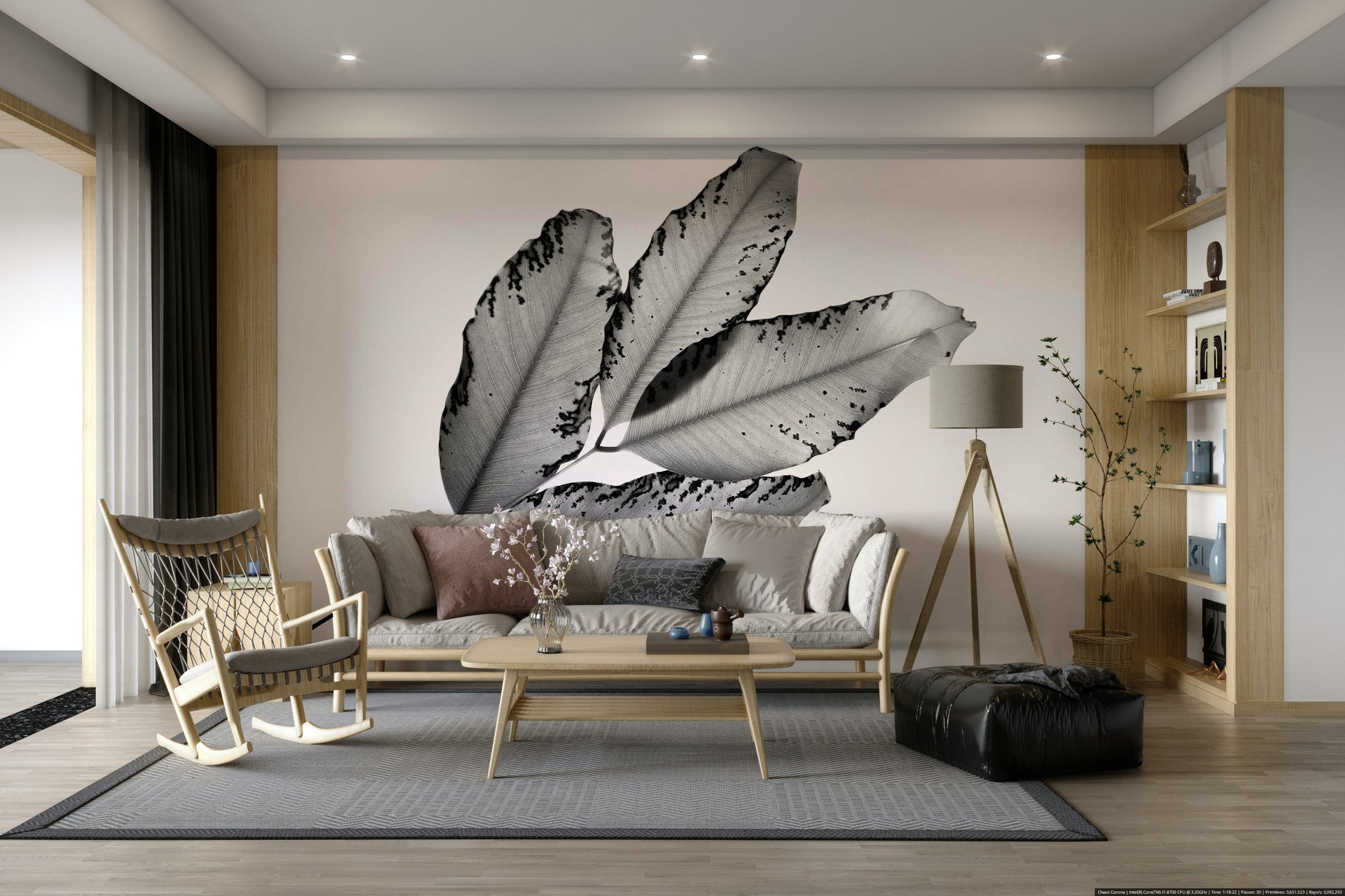 A beautiful botanical wallpaper mural with branches and leaves.


