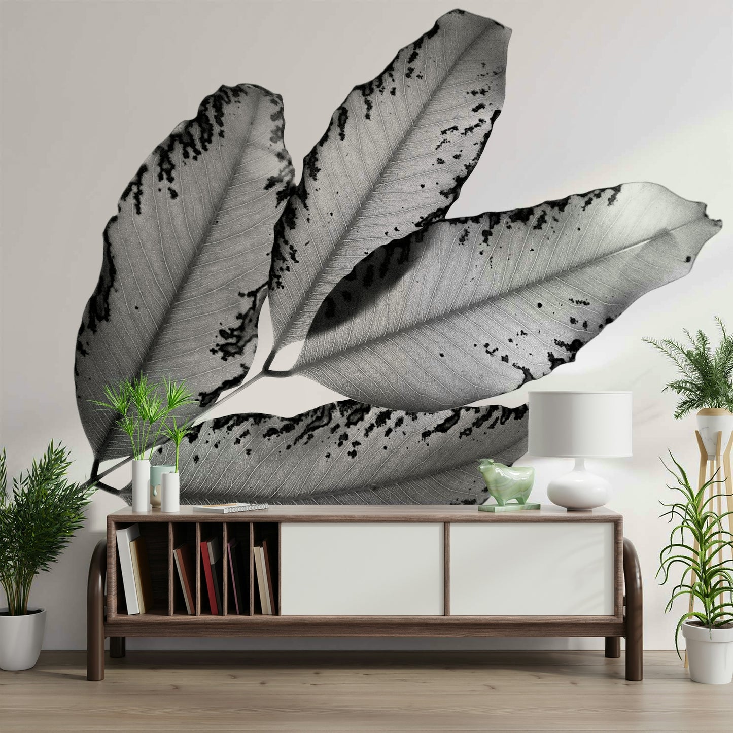 A peaceful woodland scene mural on decorative wallpaper.

