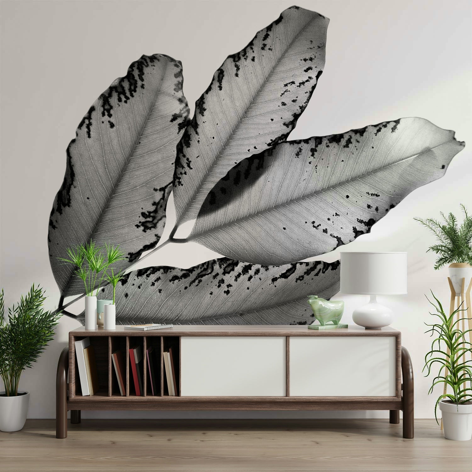 A peaceful woodland scene mural on decorative wallpaper.

