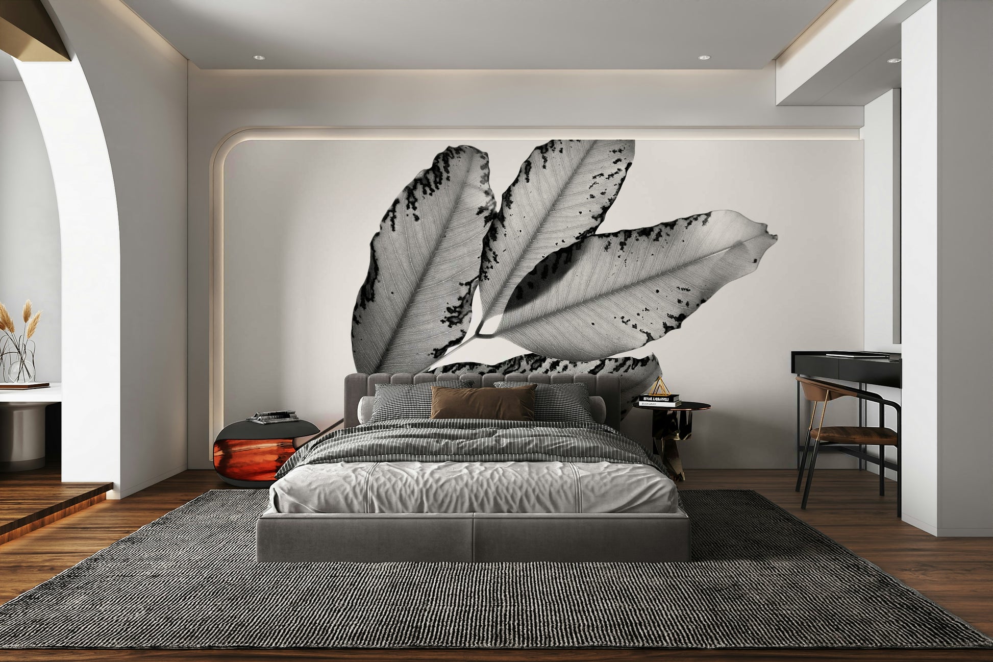 A contemplative leaf pattern wallpaper mural for a feature wall.

