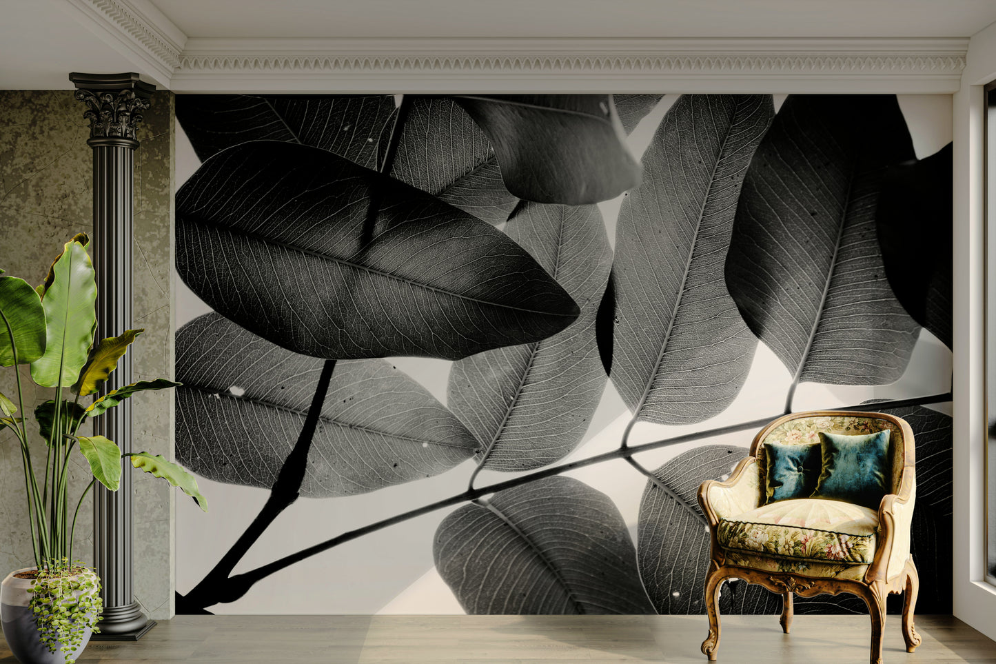 A serene branch and leaf wall mural for your decor.

