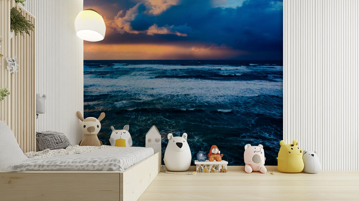 A calming dramatic wave wallpaper mural that defines a space.

