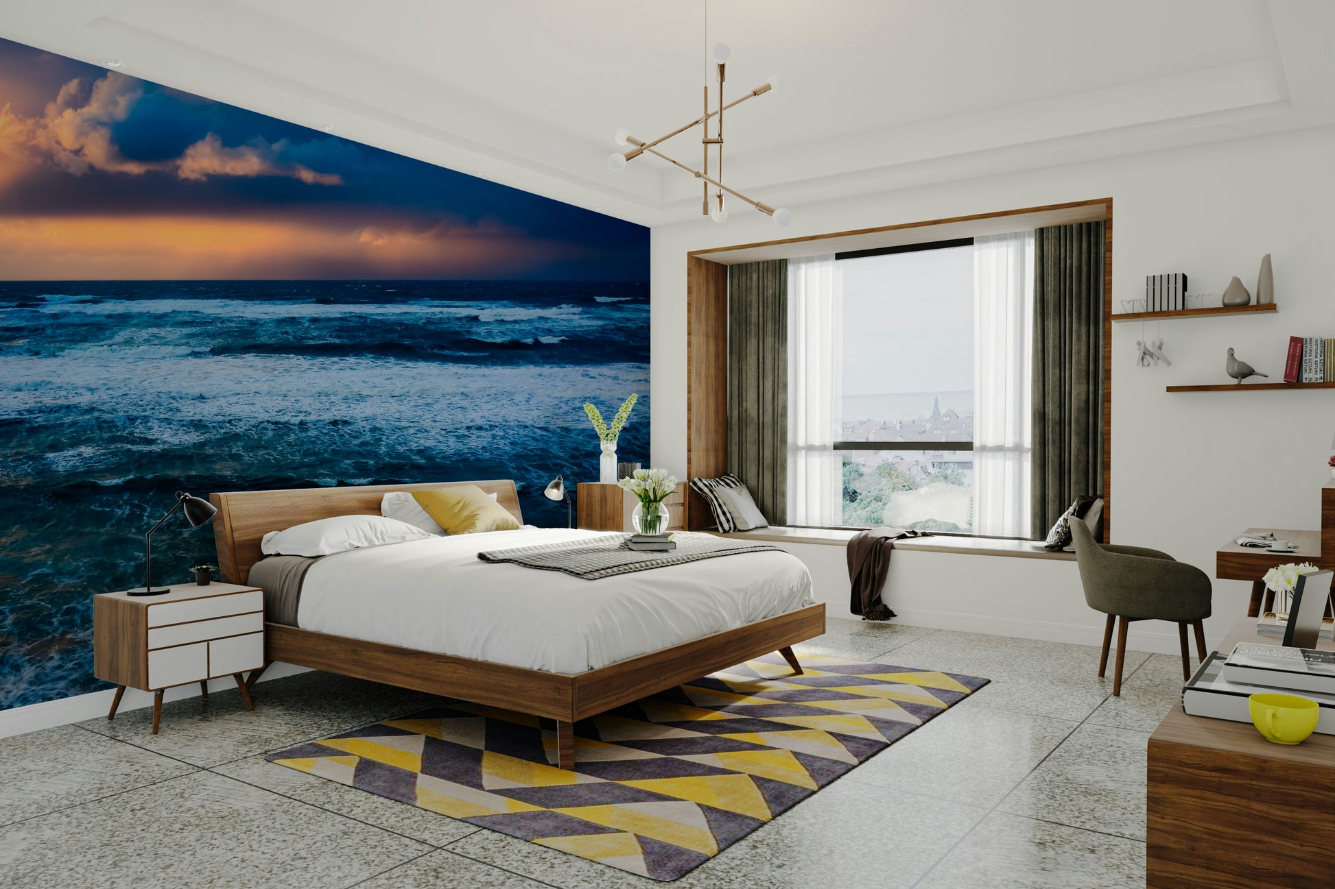 An artistic powerful waves mural on minimalist wallpaper.

