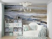 An artistic abstract ocean mural on minimalist wallpaper.

