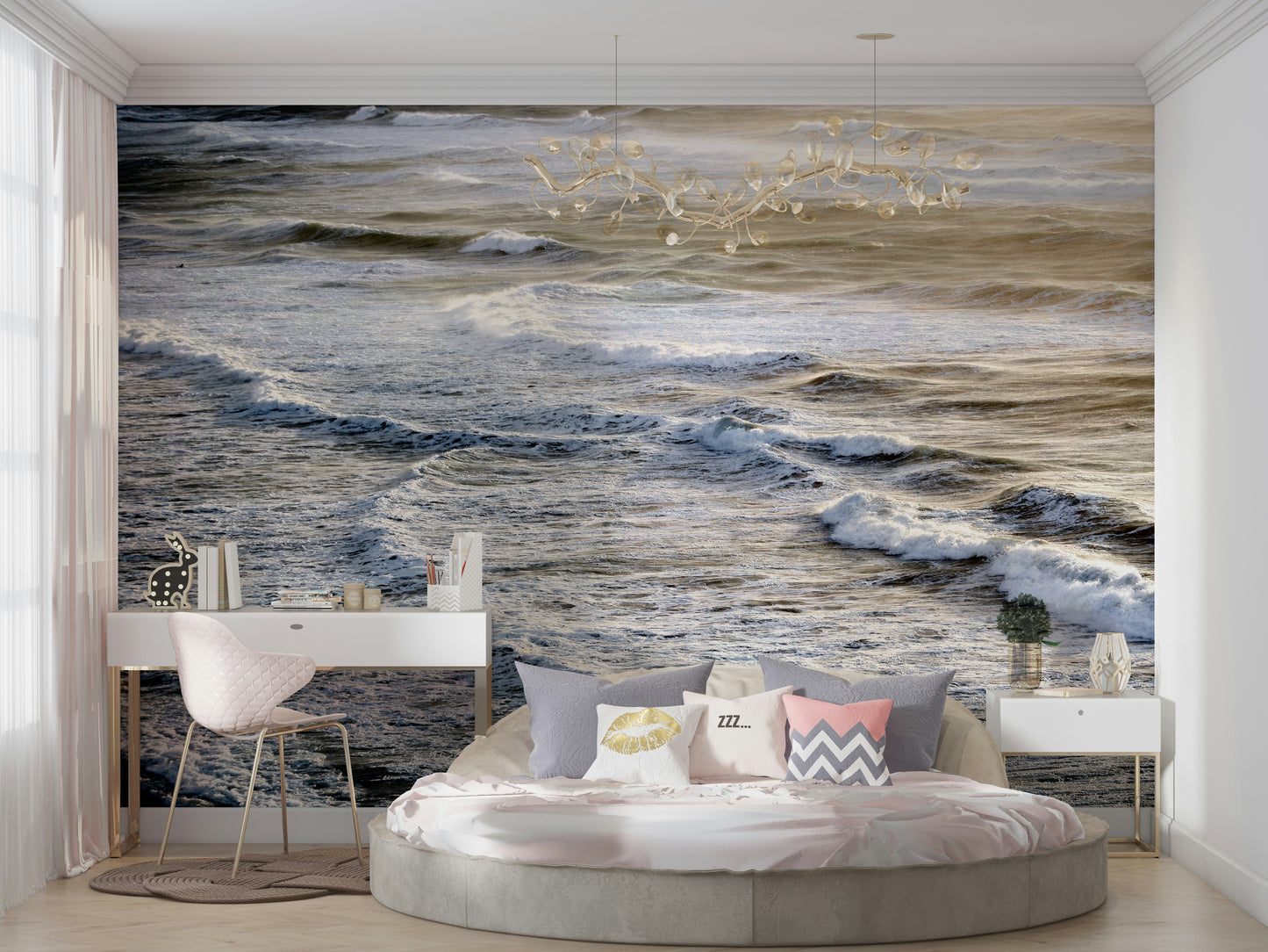 A graceful subtle water wall mural in cool, natural tones.

