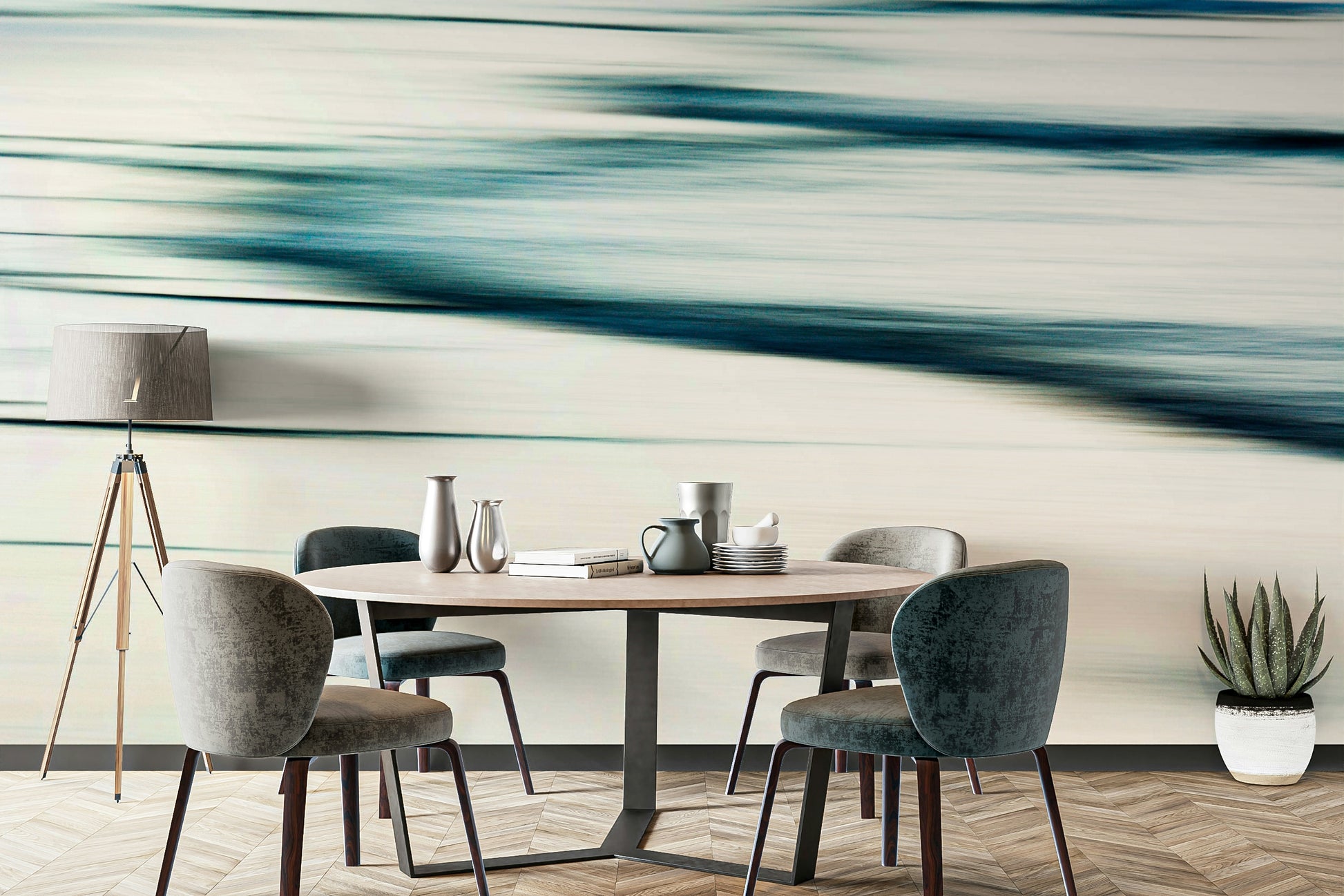 A peaceful artistic water mural on decorative wallpaper.

