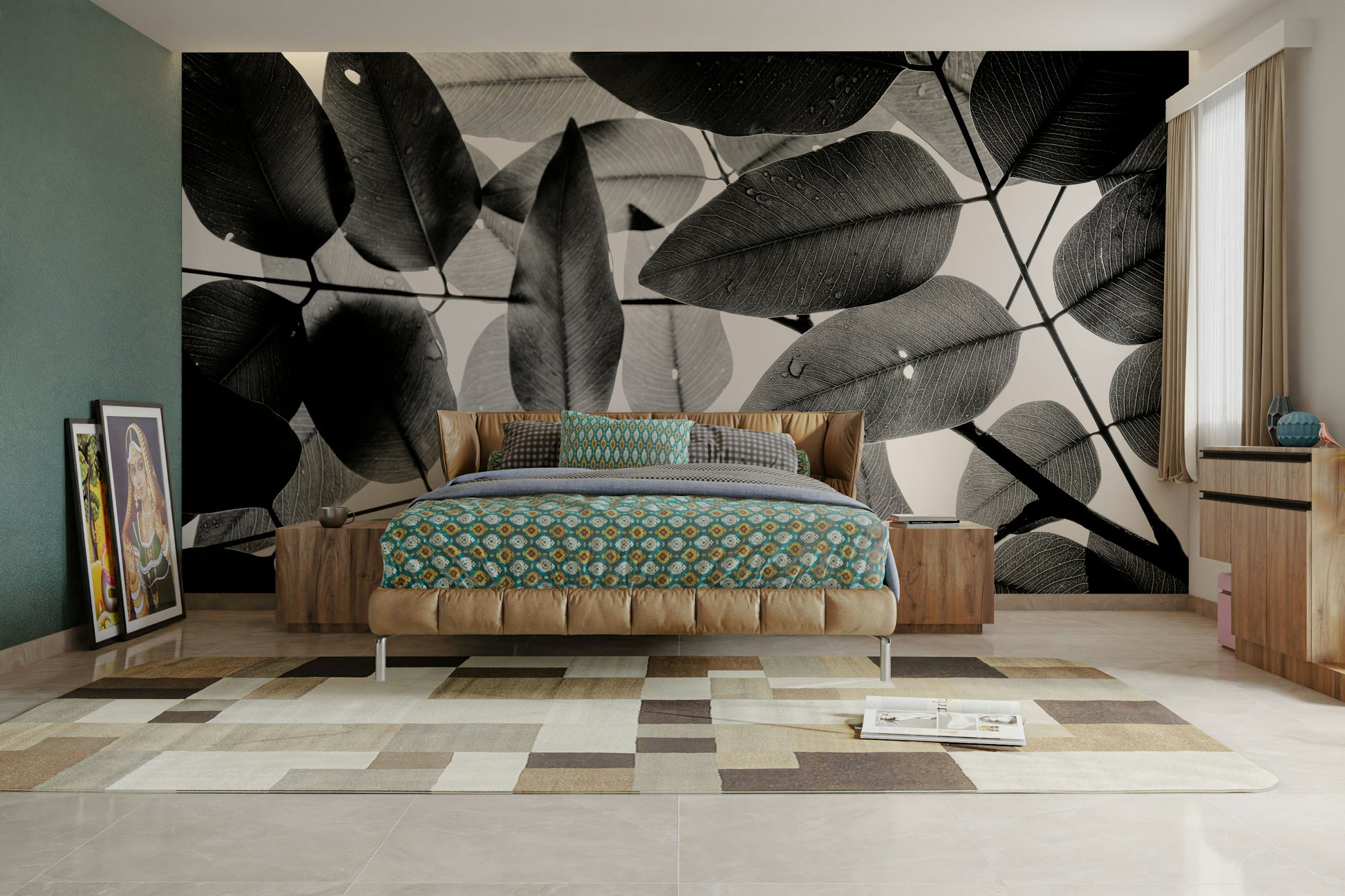 A calming leaf experiment wallpaper mural that defines a space.

