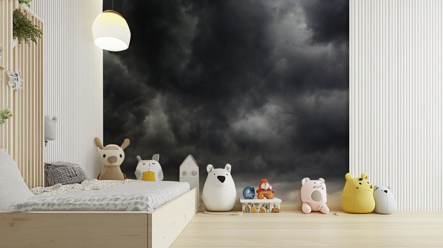 A peaceful dark cloud mural on decorative wallpaper.

