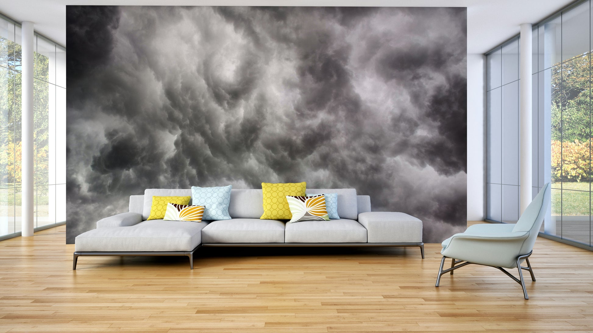 A graceful subtle cloud wall mural in deep, dramatic tones.

