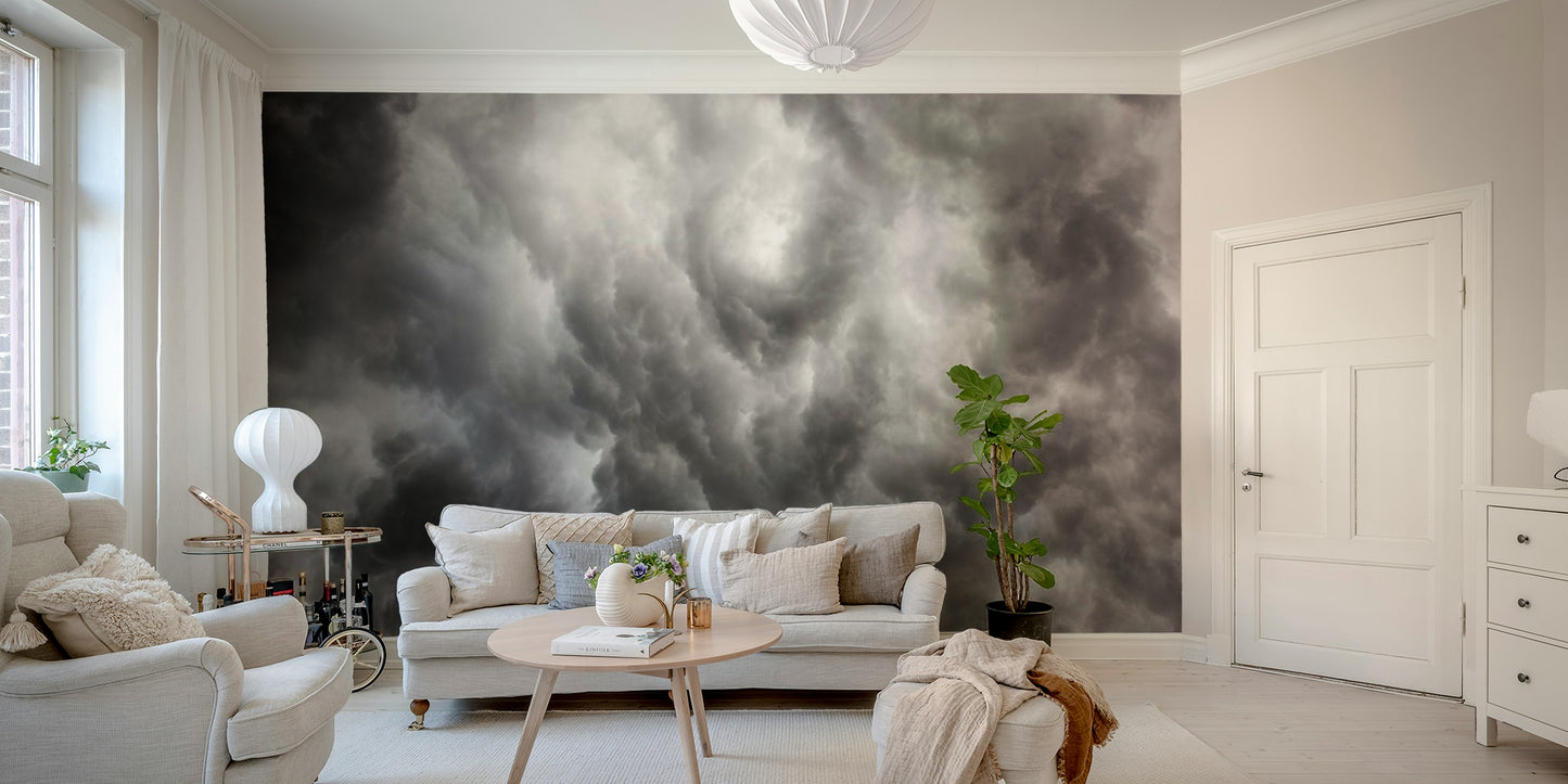 An artistic dark cloudscape mural on minimalist wallpaper.

