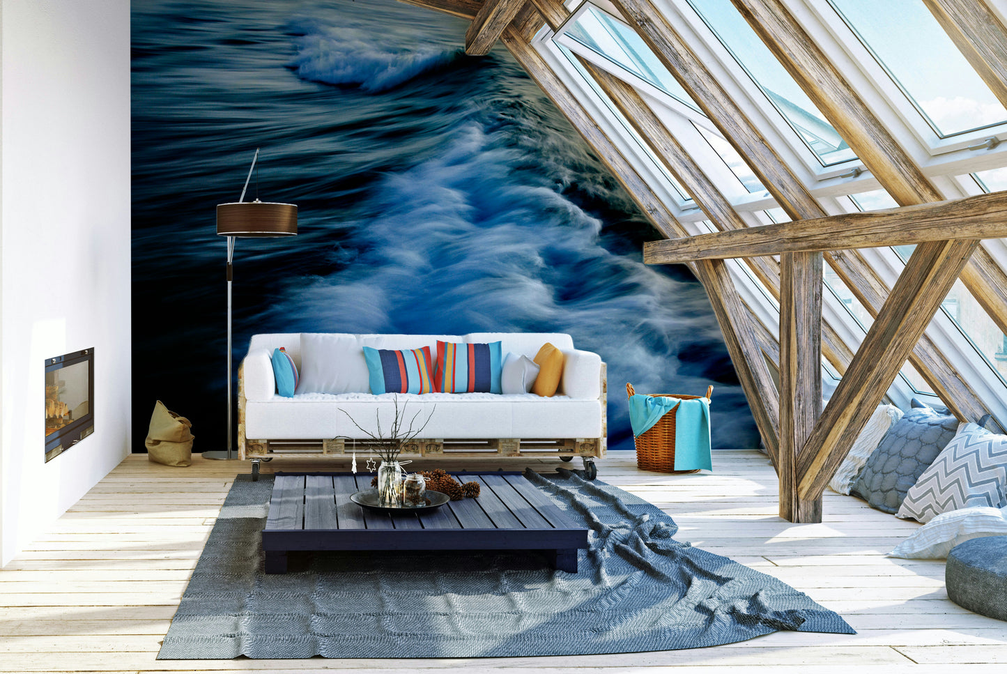 A calming water movement wallpaper mural that defines a space.

