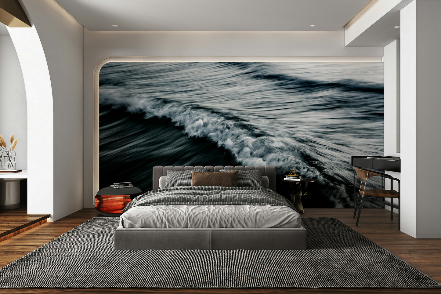 A graceful subtle pattern wall mural in cool, natural tones.

