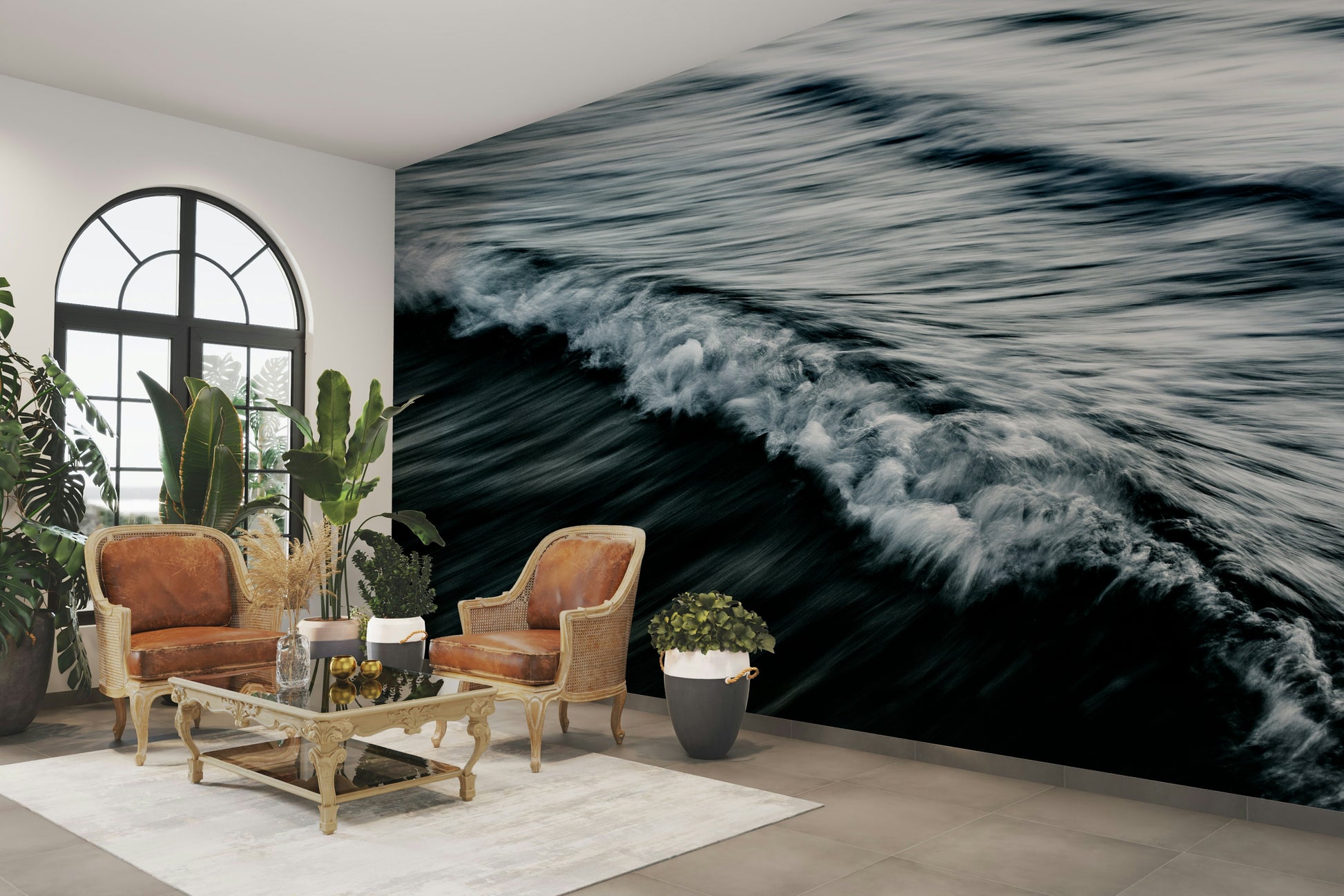 An artistic coastal scene mural on minimalist wallpaper.


