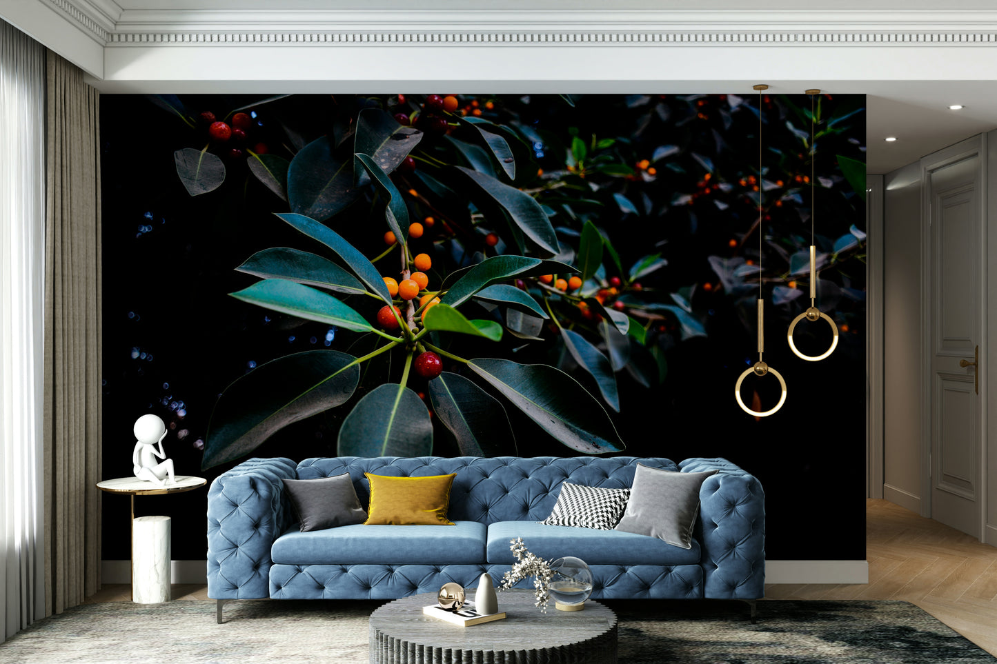 A peaceful dark orange mural on decorative wallpaper.

