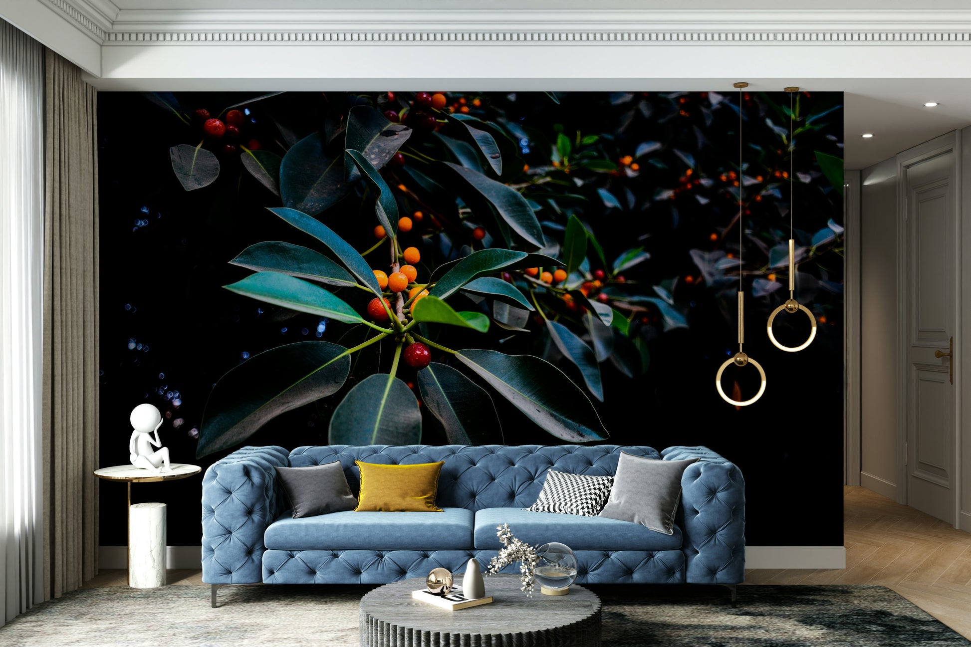 A peaceful dark orange mural on decorative wallpaper.

