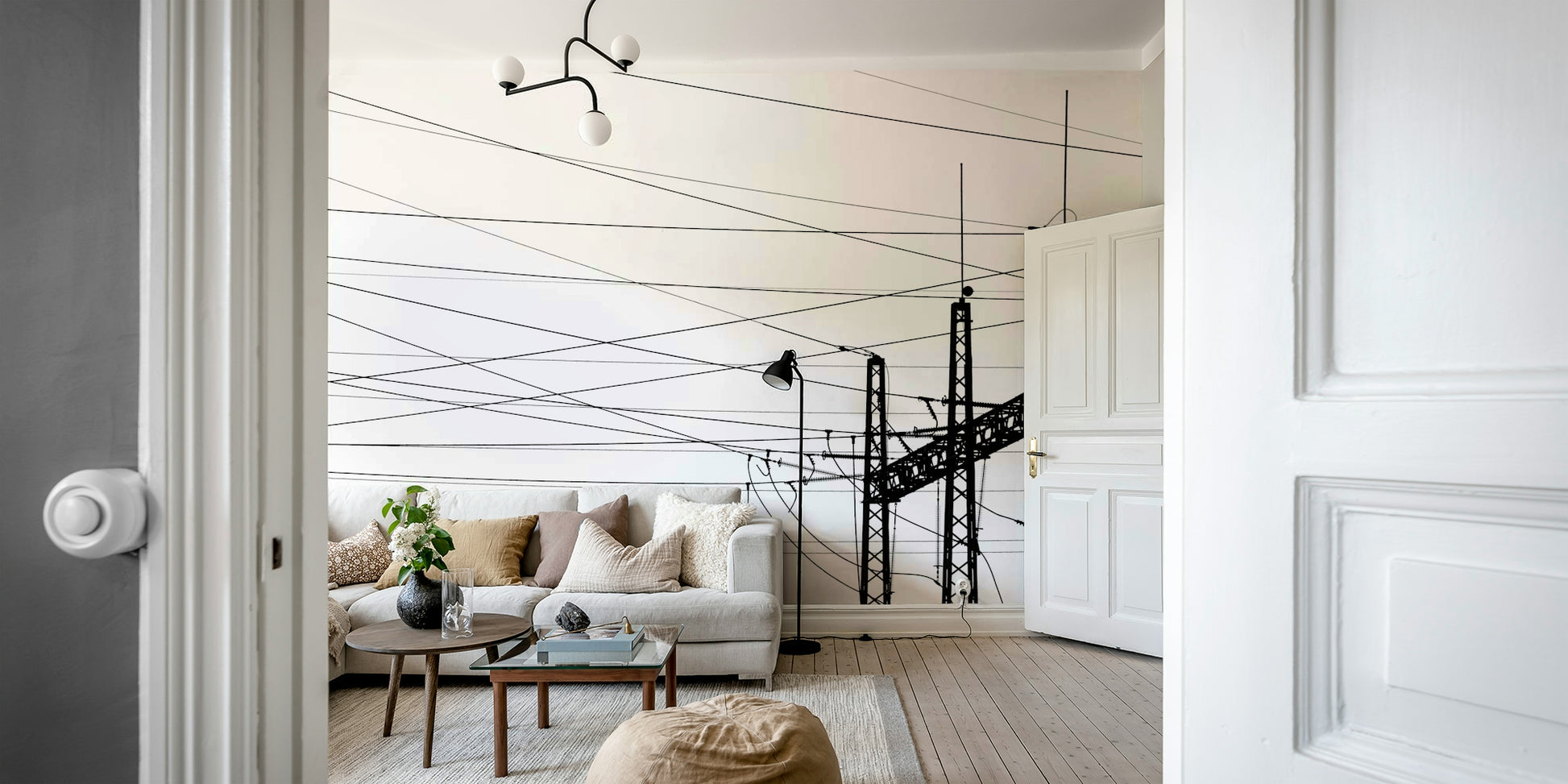 An artistic factory theme mural on minimalist wallpaper.

